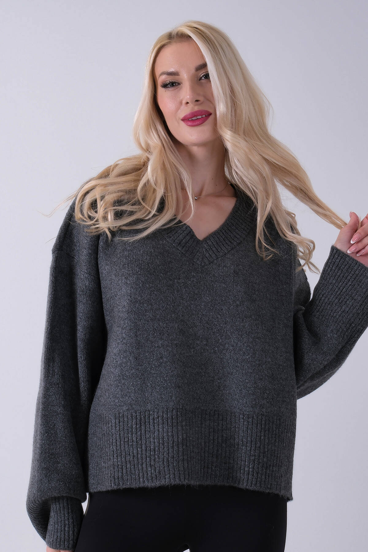 Antrasit V Yaka Beli Lastikli Triko Kazak 46892623.315 - Ardanewline (1)