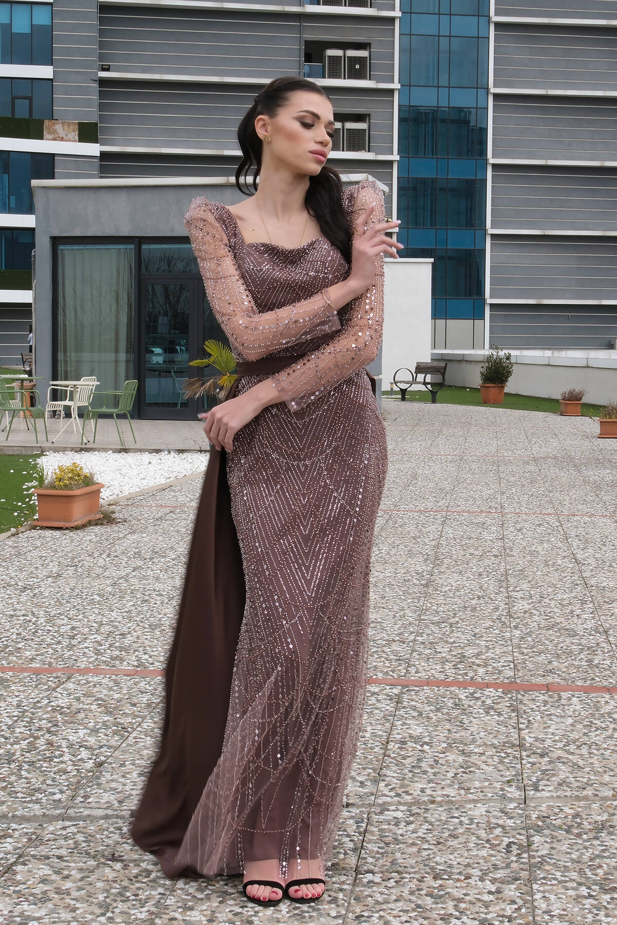 Bakır Boncuk İşlemeli Tül Kol Detaylı Uzun Abiye 9705463.231 - Ardanewline