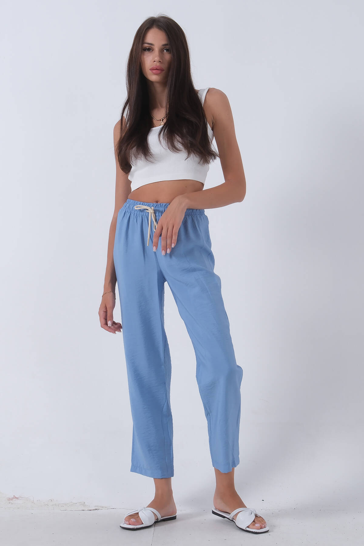 Bebe Mavi Belden Bağlamalı Lastikli Keten Pantolon 0803447.449 