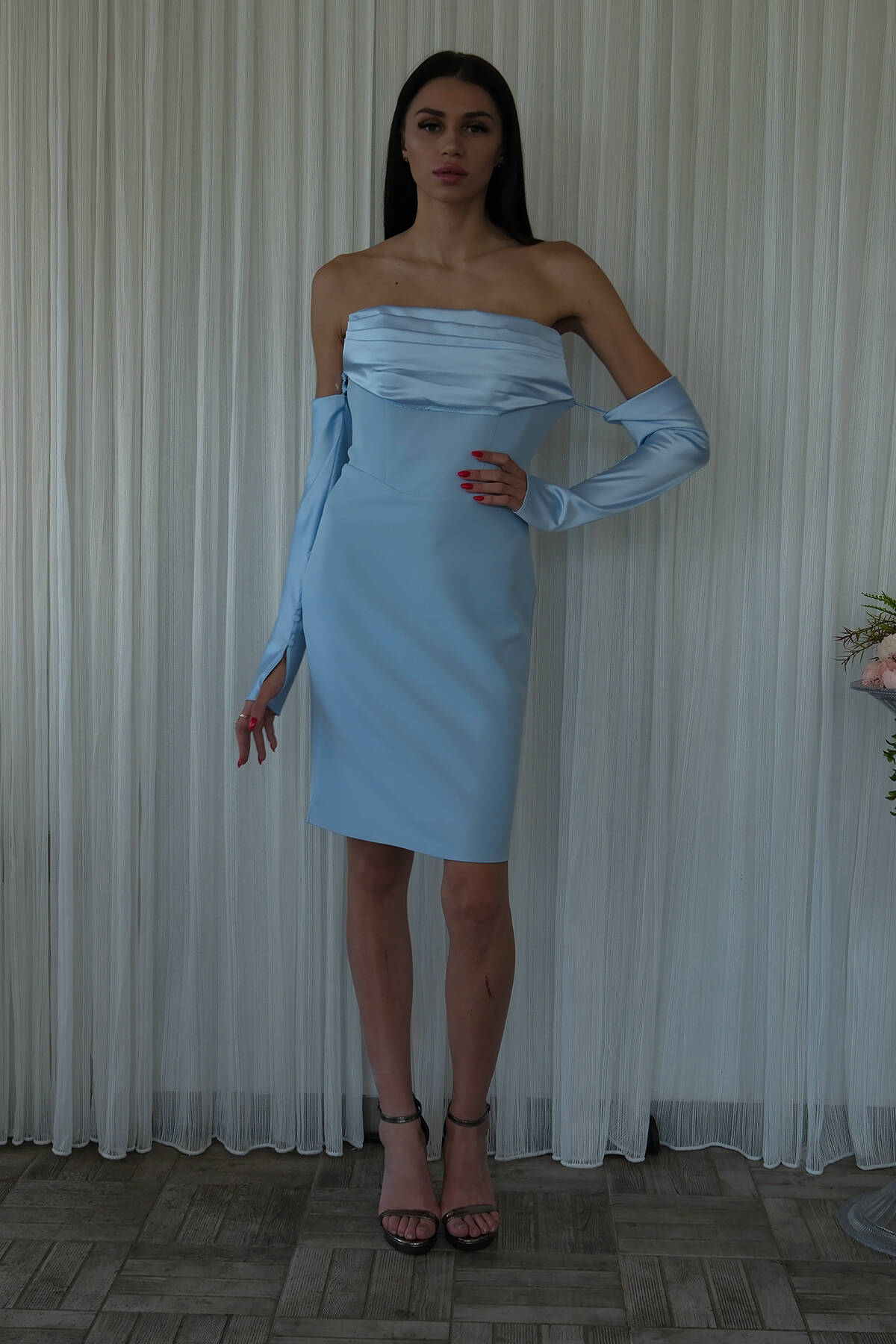 Bebe Mavi Drapeli Düğme Detaylı Mini Boy Abiye 9705537.449 Bebe Mavi