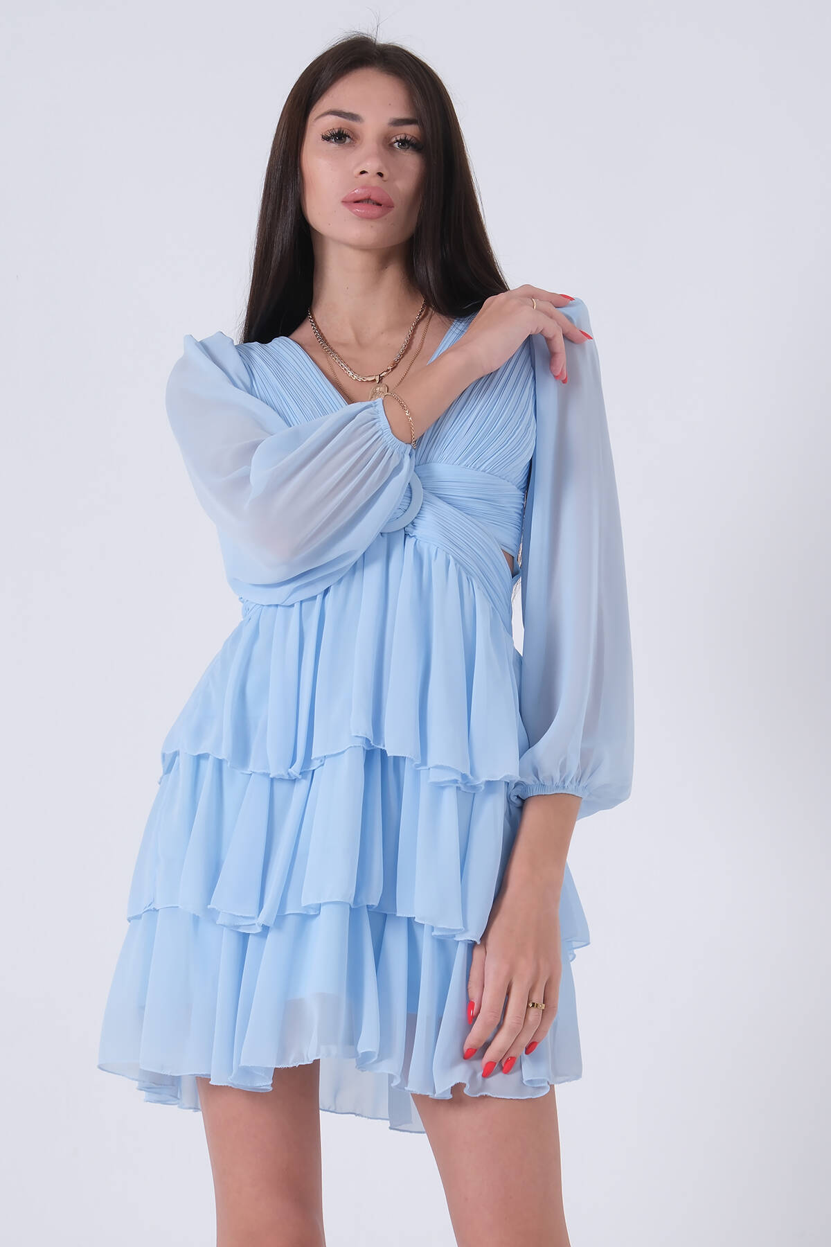 Bebe Mavi Fırfırlı Dekolteli Mini Şifon Abiye Elbise 9705278.449