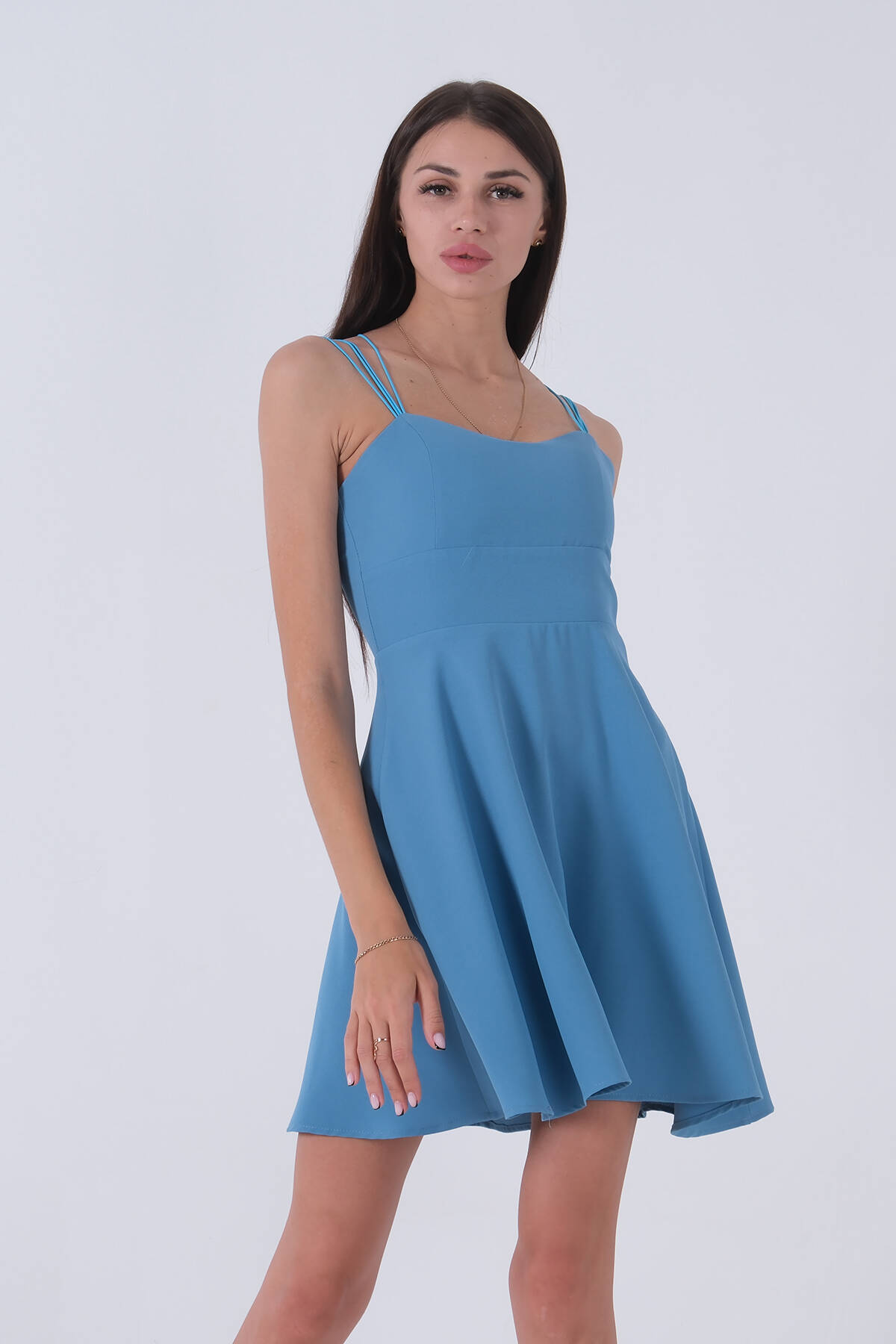 Bebe Mavi İnce Askılı Sırt Dekolteli V Yaka Kloş Abiye Elbise & Mezuniyet Elbisesi 0104026.449 