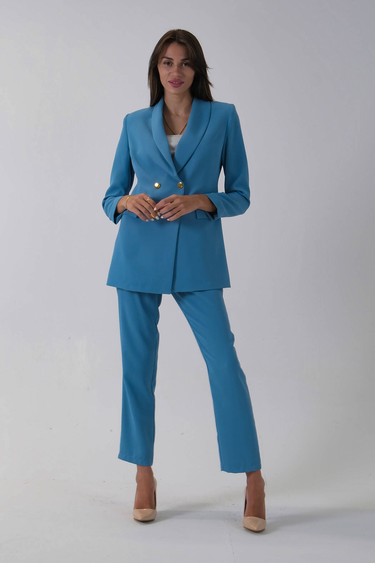 Bebe Mavi Kadın Dört Düğmeli Kruvaze Blazer Ceket & Pantolon Takım 0106305.449 Bebe Mavi