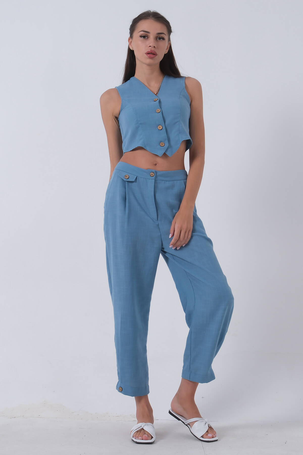 Bebe Mavi Keten Yelekli Takım 0106321.449 