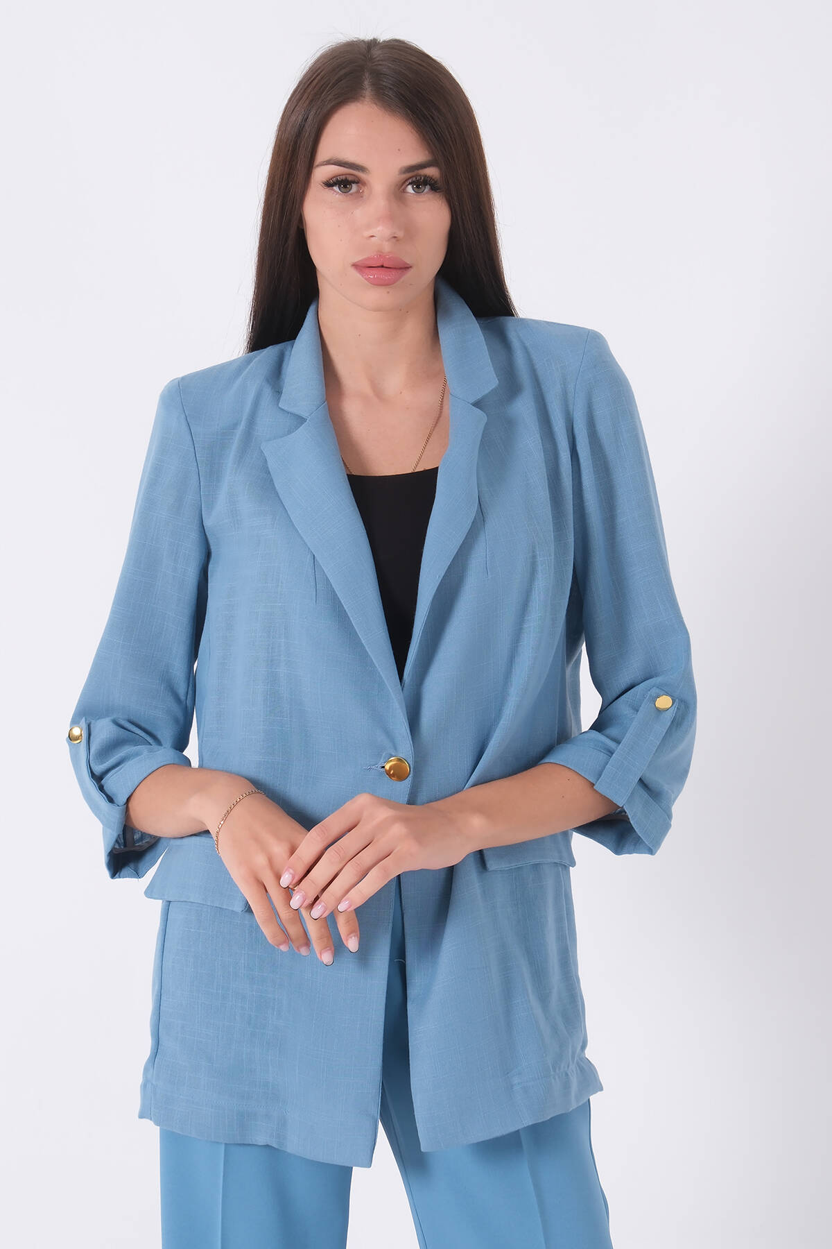 Bebe Mavi Kolları Düğme Toparlamalı Keten Ceket 01051361.449 