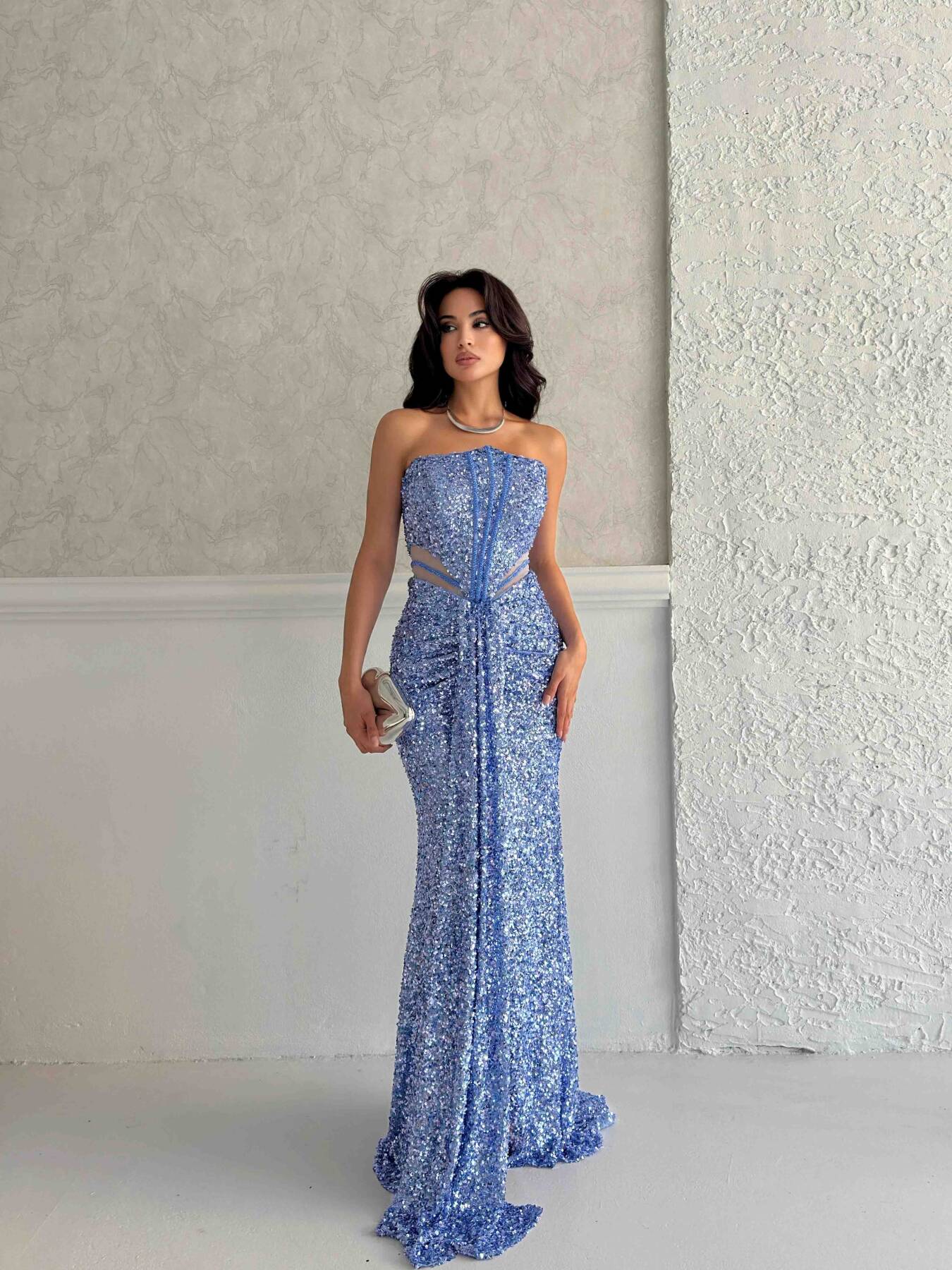 Bebe Mavi Önü Taş Detaylı Yırtmaçlı Pul Payet Straplez Abiye 0801163.449 - Ardanewline (1)