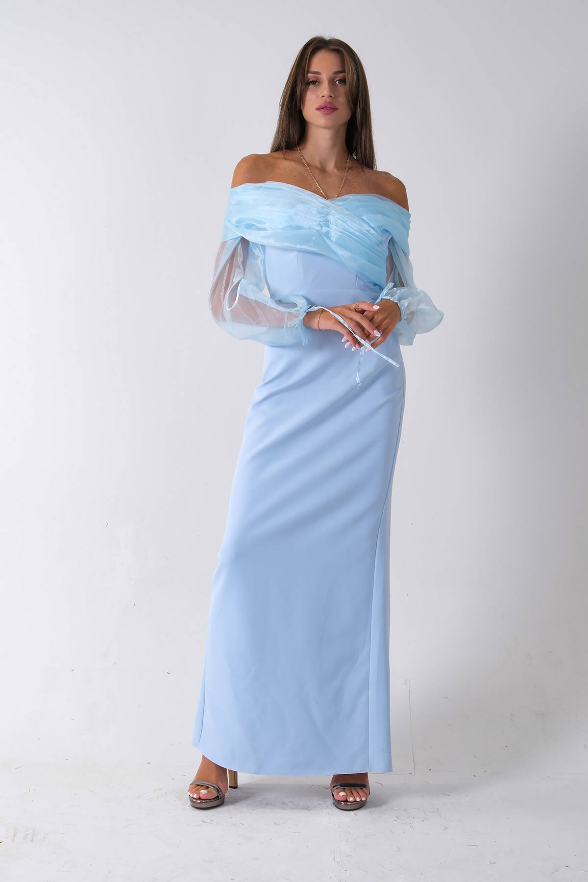 Bebe Mavi Organze Kol Detaylı Kayık Yaka Abiye 0801086.449 Bebe Mavi