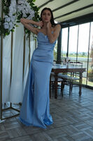 Bebe Mavi Straplez Drape Detaylı Yırtmaçlı Saten Kumaş Abiye Elbise 1607209.449 Bebe Mavi