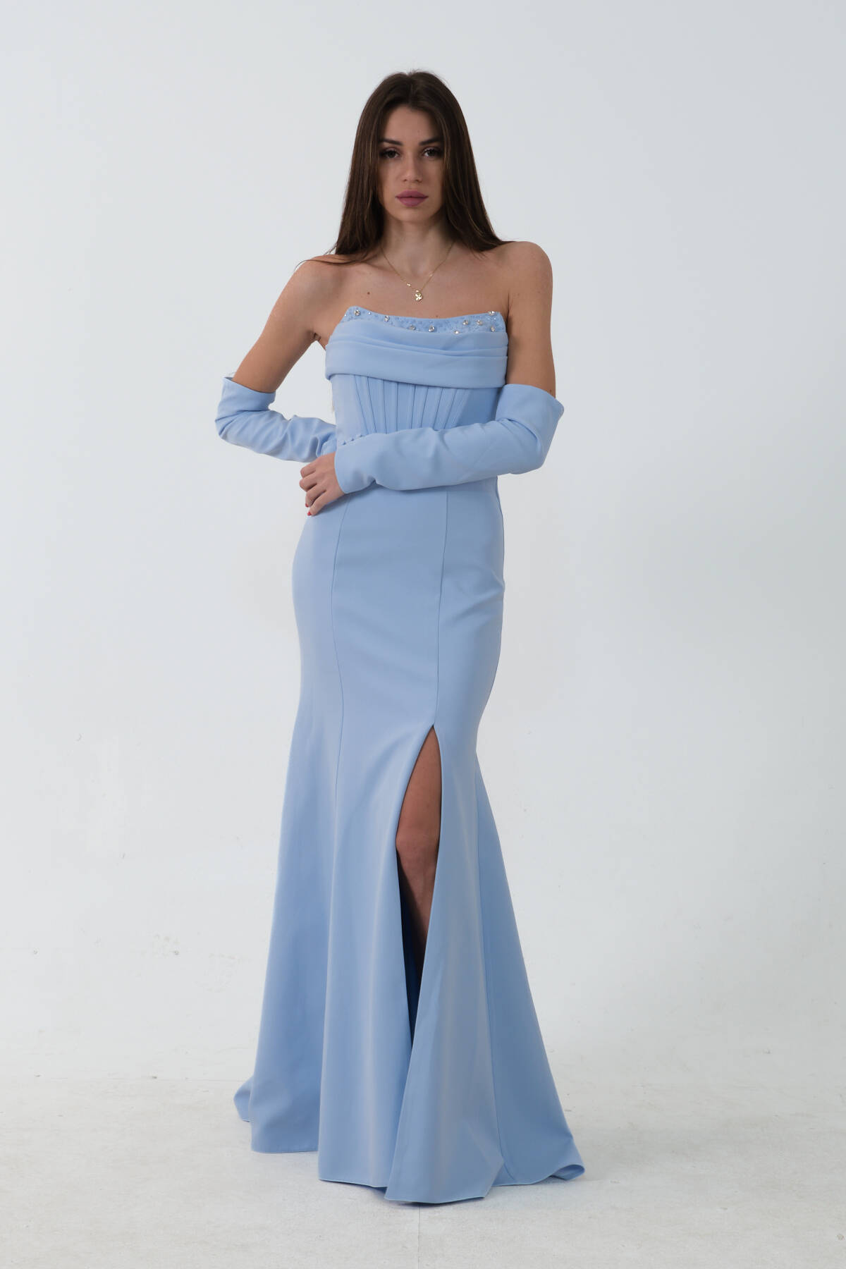 Bebe Mavi Takma Kol Önü Drapeli Taş Detaylı Yırtmaçlı Abiye 0801146.449 Bebe Mavi