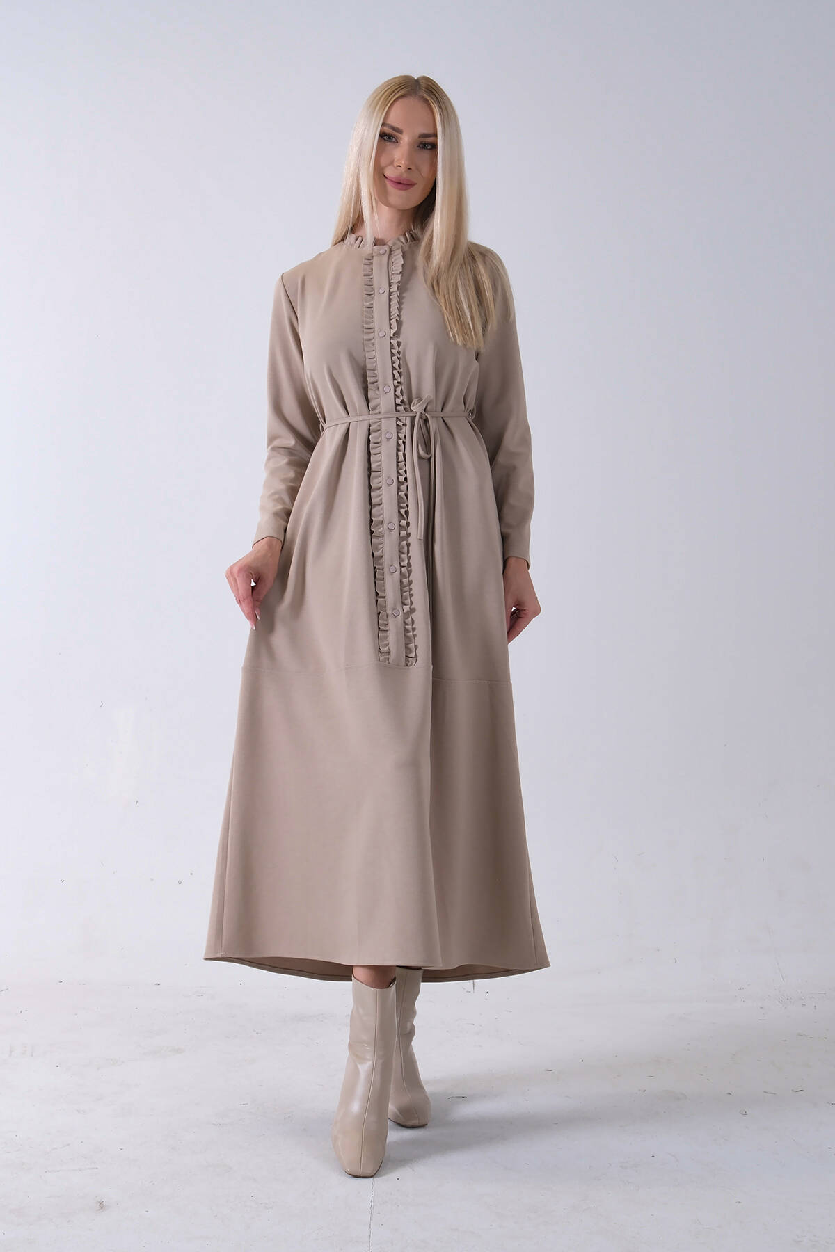 Bej Belden Bağlamalı Yaka Fırfır Detaylı Düğme Kapamalı Elbise 4571574.55 - Ardanewline
