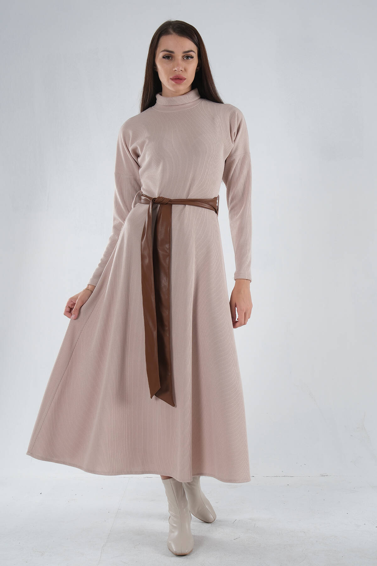 Bej Beli Kemerli Örme Elbise 0104030.55 