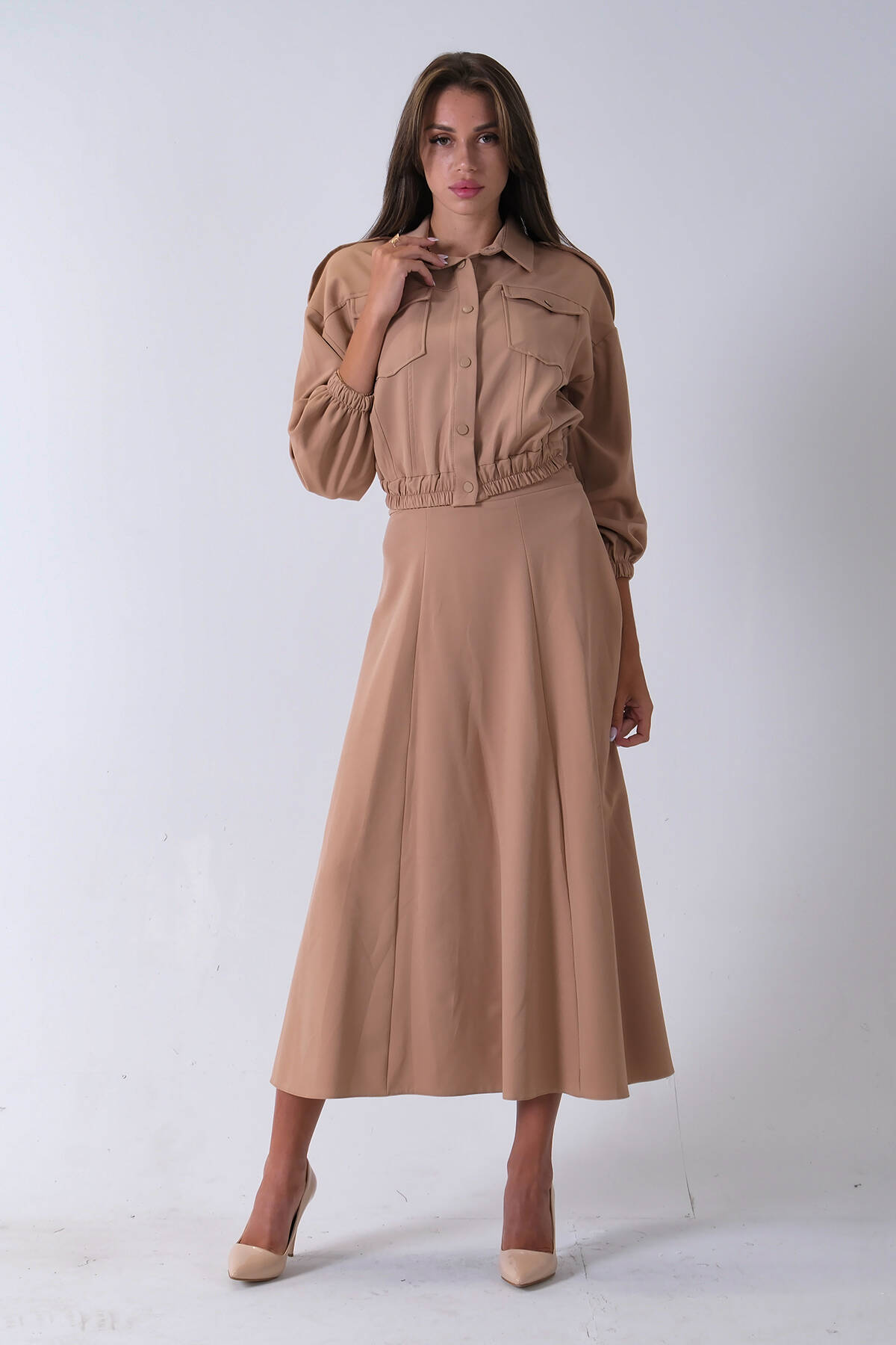 Bej Beli Lastikli Cepli Ceket ve Etek İkili Takım 4595053.55 Bej