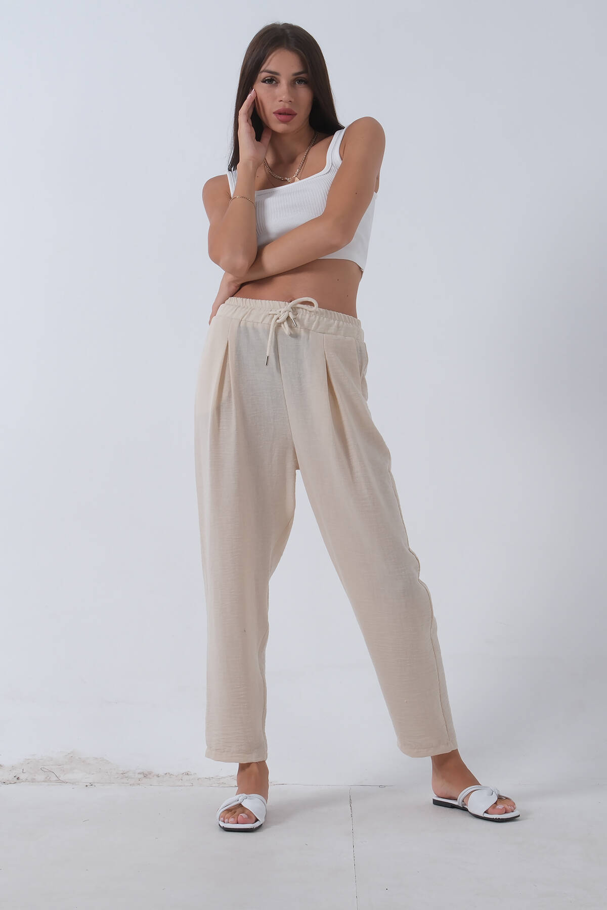 Bej Beli Lastikli Keten Pantolon 3970412.55 