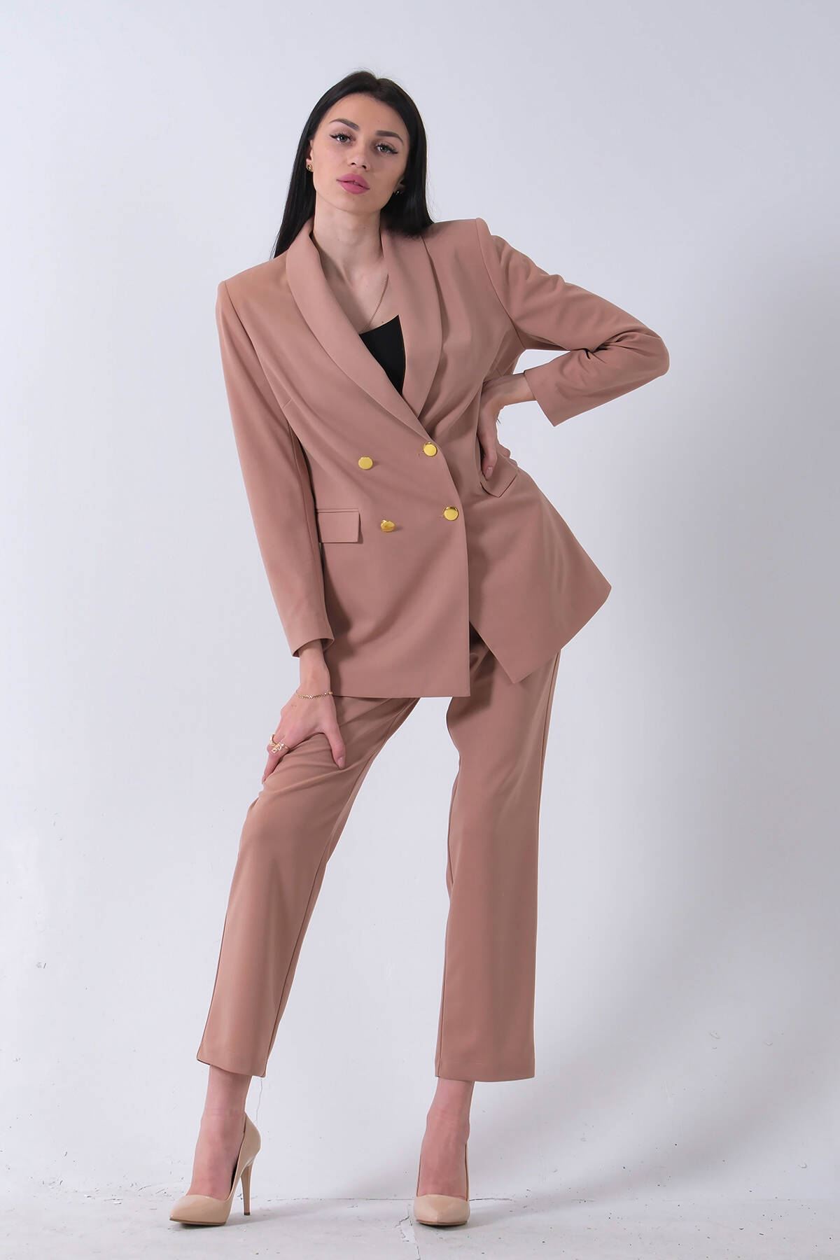 Bej Kadın Dört Düğmeli Kruvaze Blazer Ceket & Pantolon Takım 0106305.55 - ArdaNewline (1)