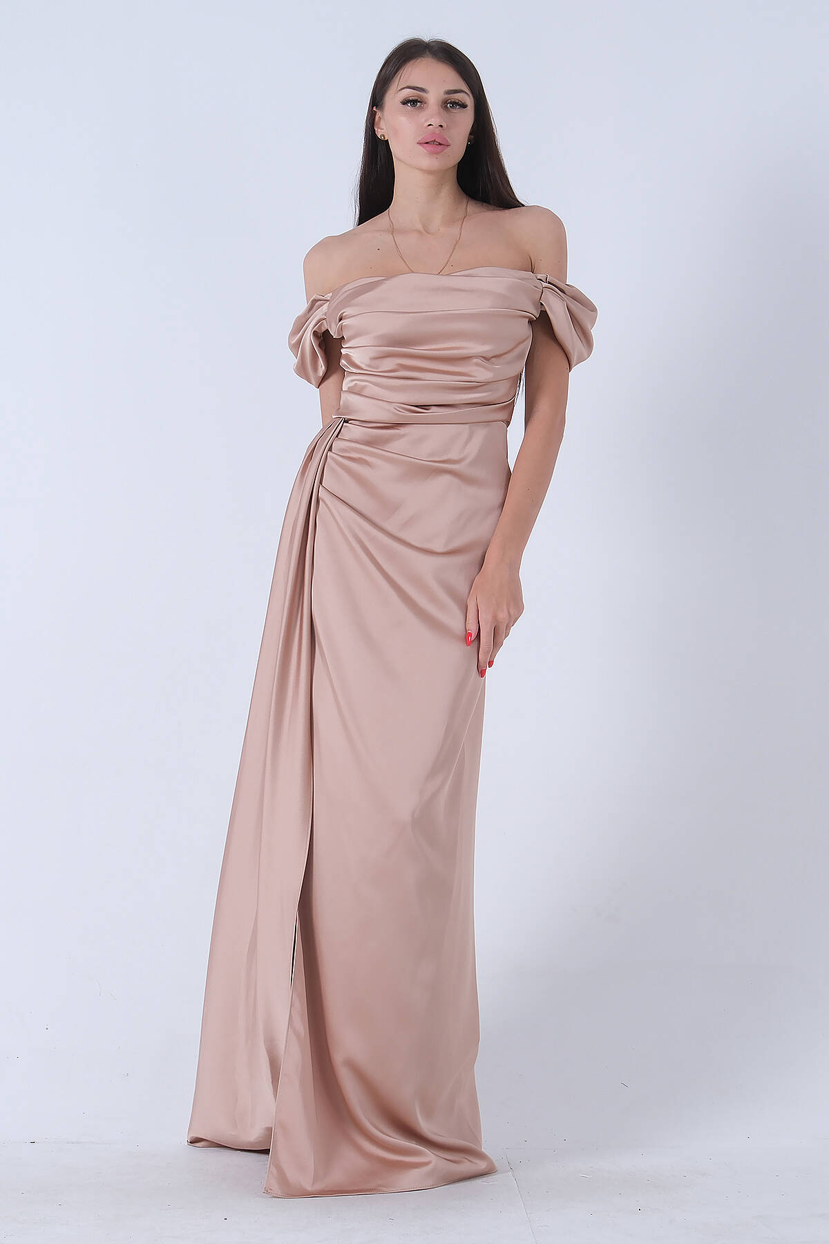 Bej Drape Detaylı Saten Kumaş Abiye Elbise 9704858.55 