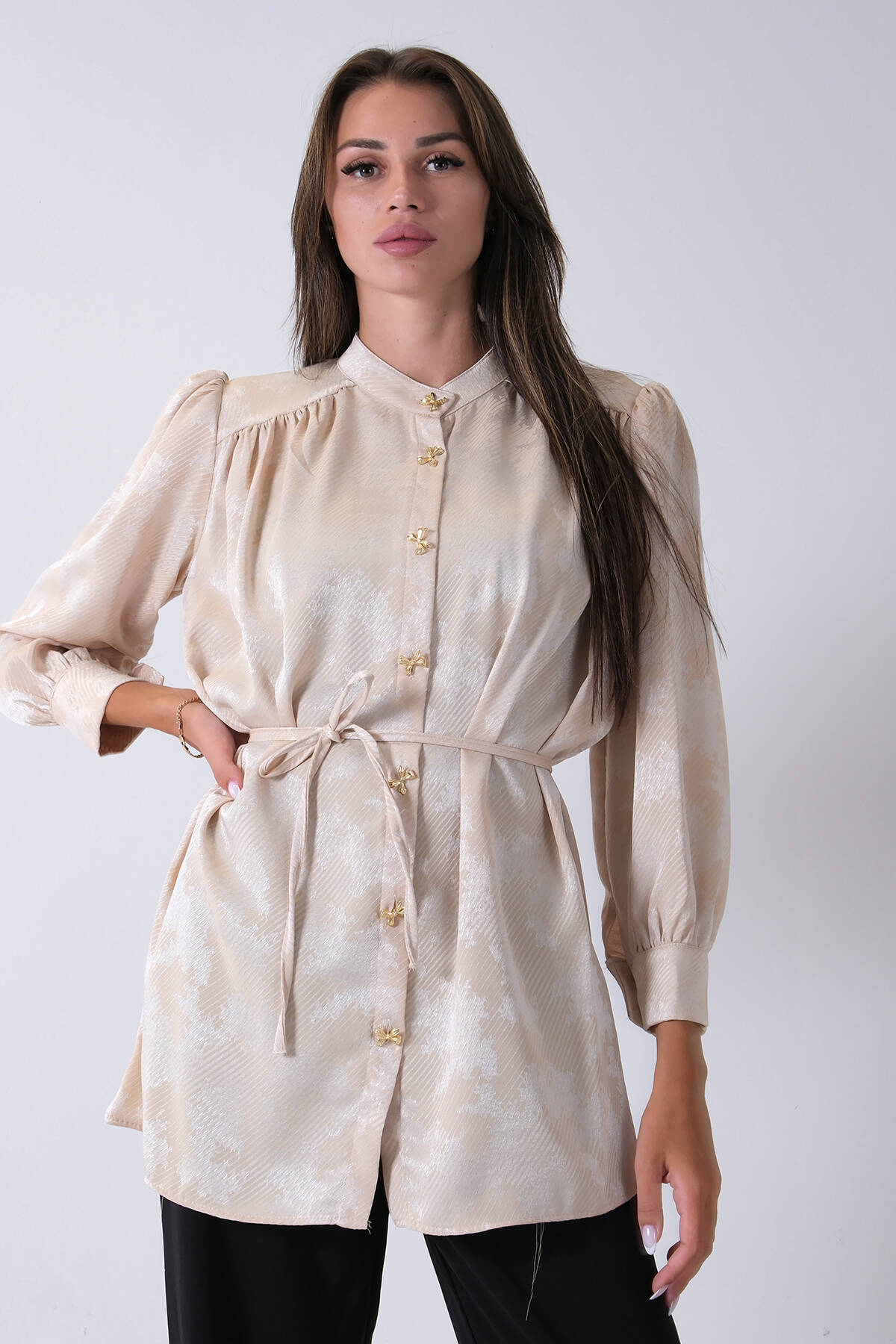 Bej Hakim Yaka Bel Bağlamalı Desenli Tunik 4595333.55 Bej