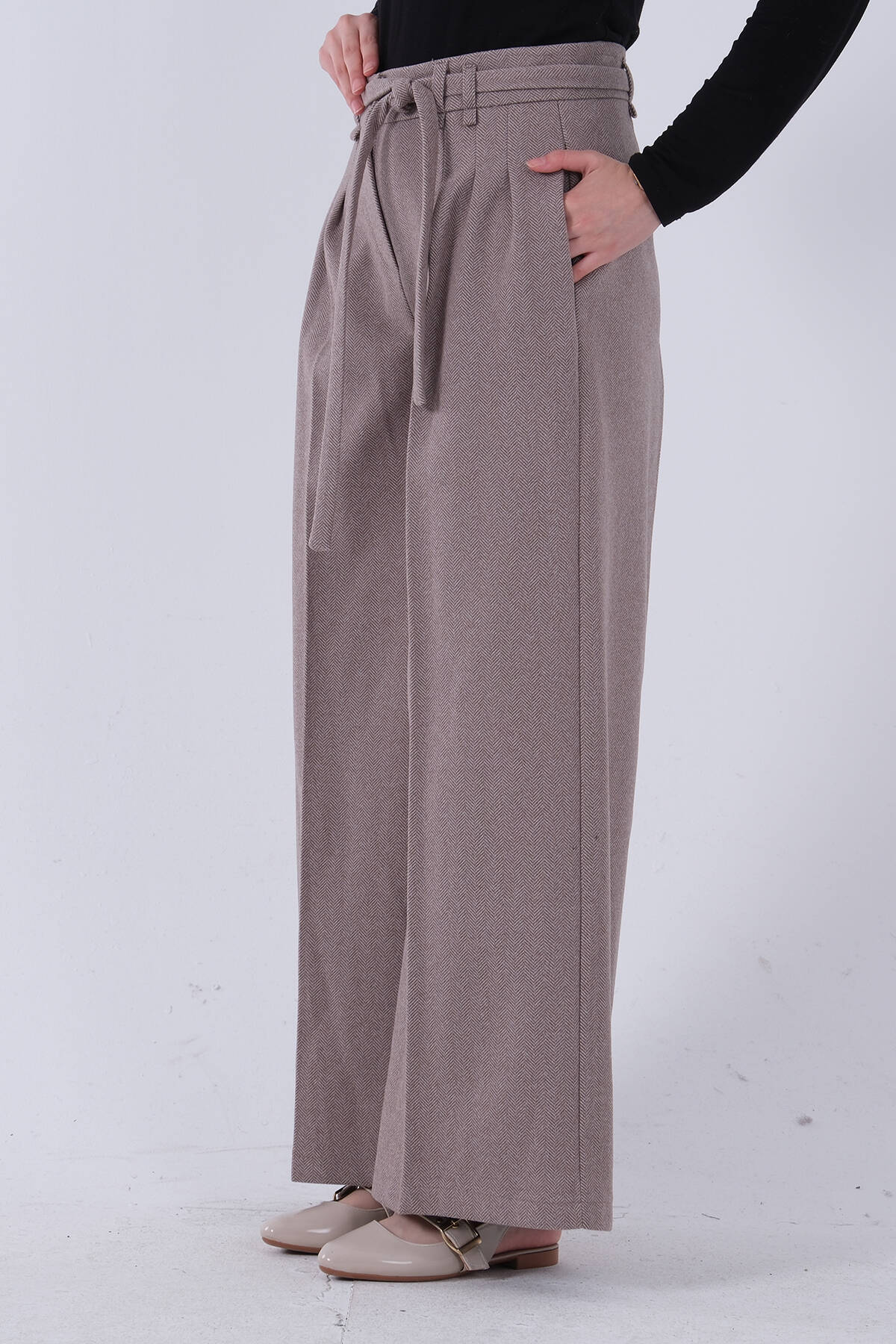 Bej Hasır Kemerli Bol Paça Pantolon 474477.55 - Ardanewline