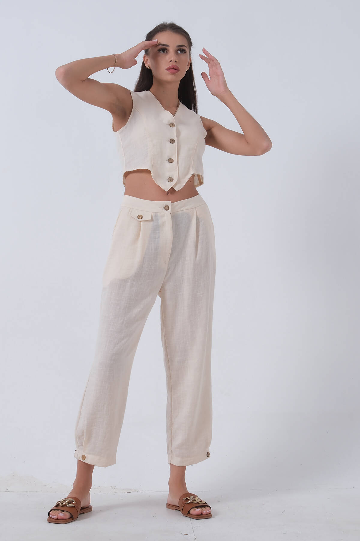 Bej Keten Yelekli Takım 0106321.55 