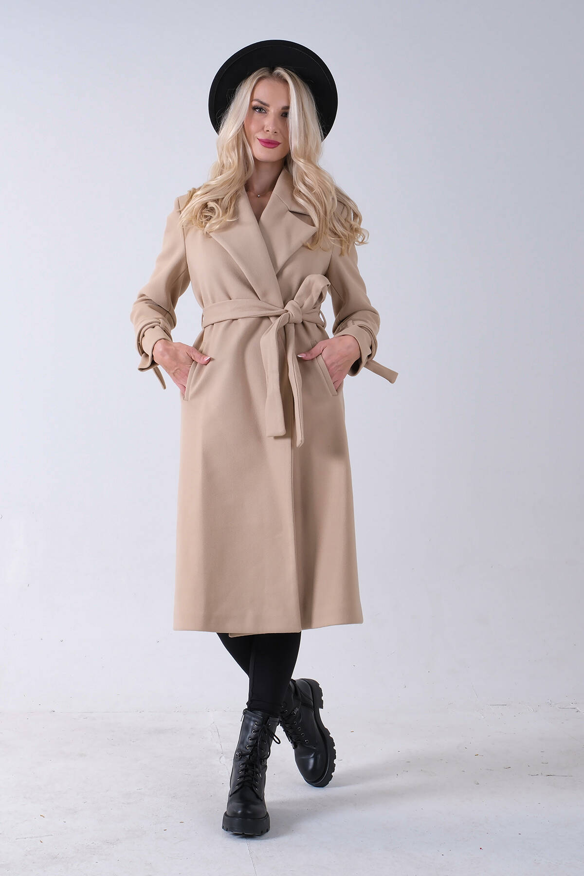Bej Kol Bağlamalı Seyyar Kuşaklı Uzun Kaşe Kaban 41630051.55 Bej