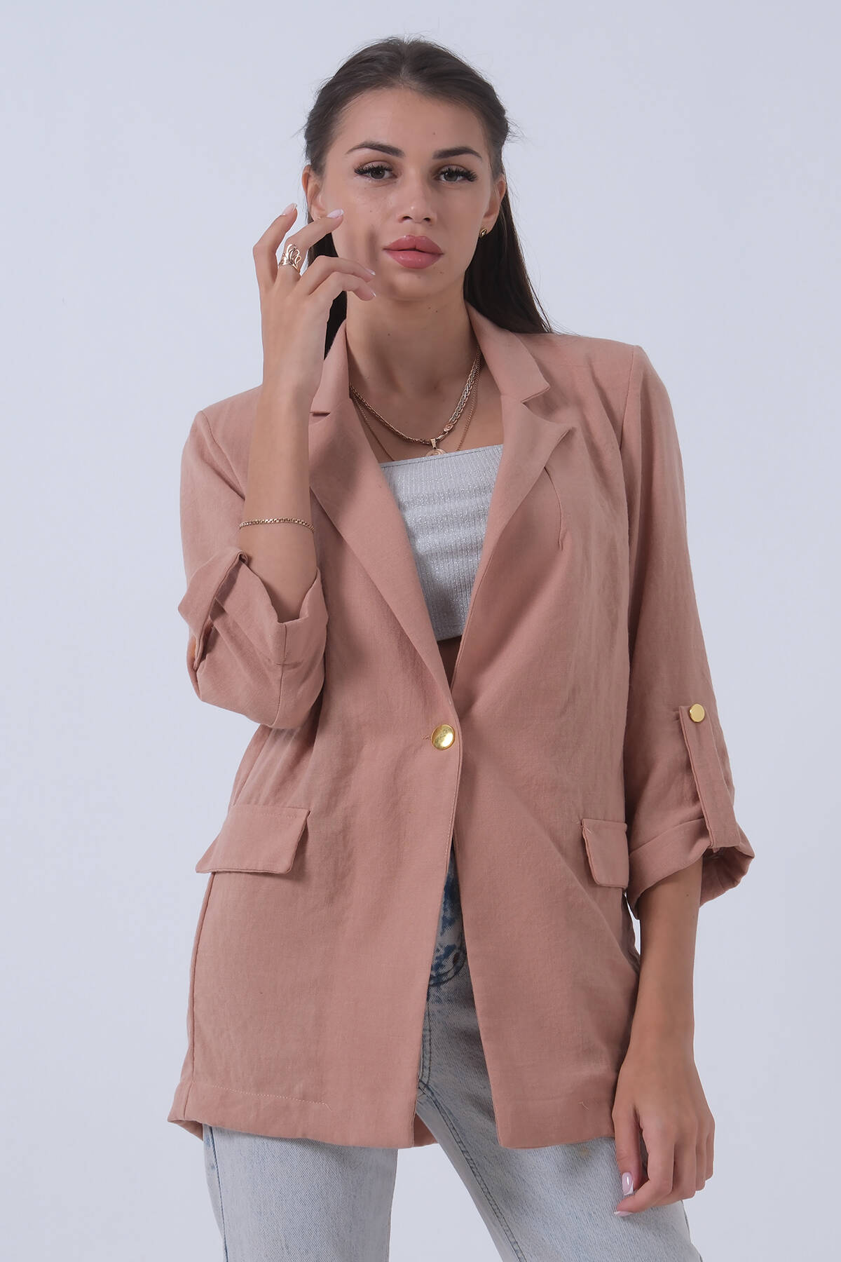 Bej Kolları Düğme Toparlamalı Keten Ceket 01051361.55 