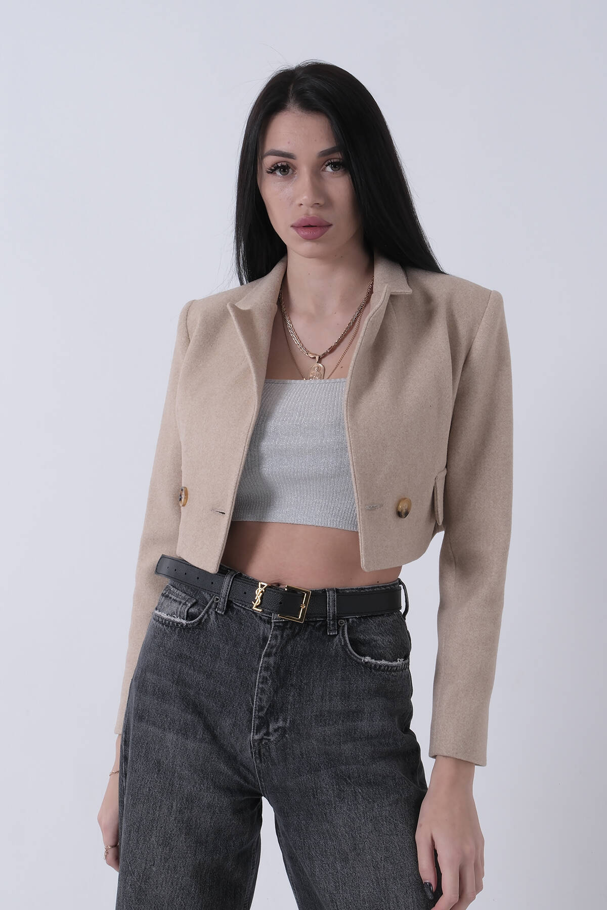 Bej Kruvaze Yaka Kaşe Crop Astarlı Blazer Ceket 0105125.55 