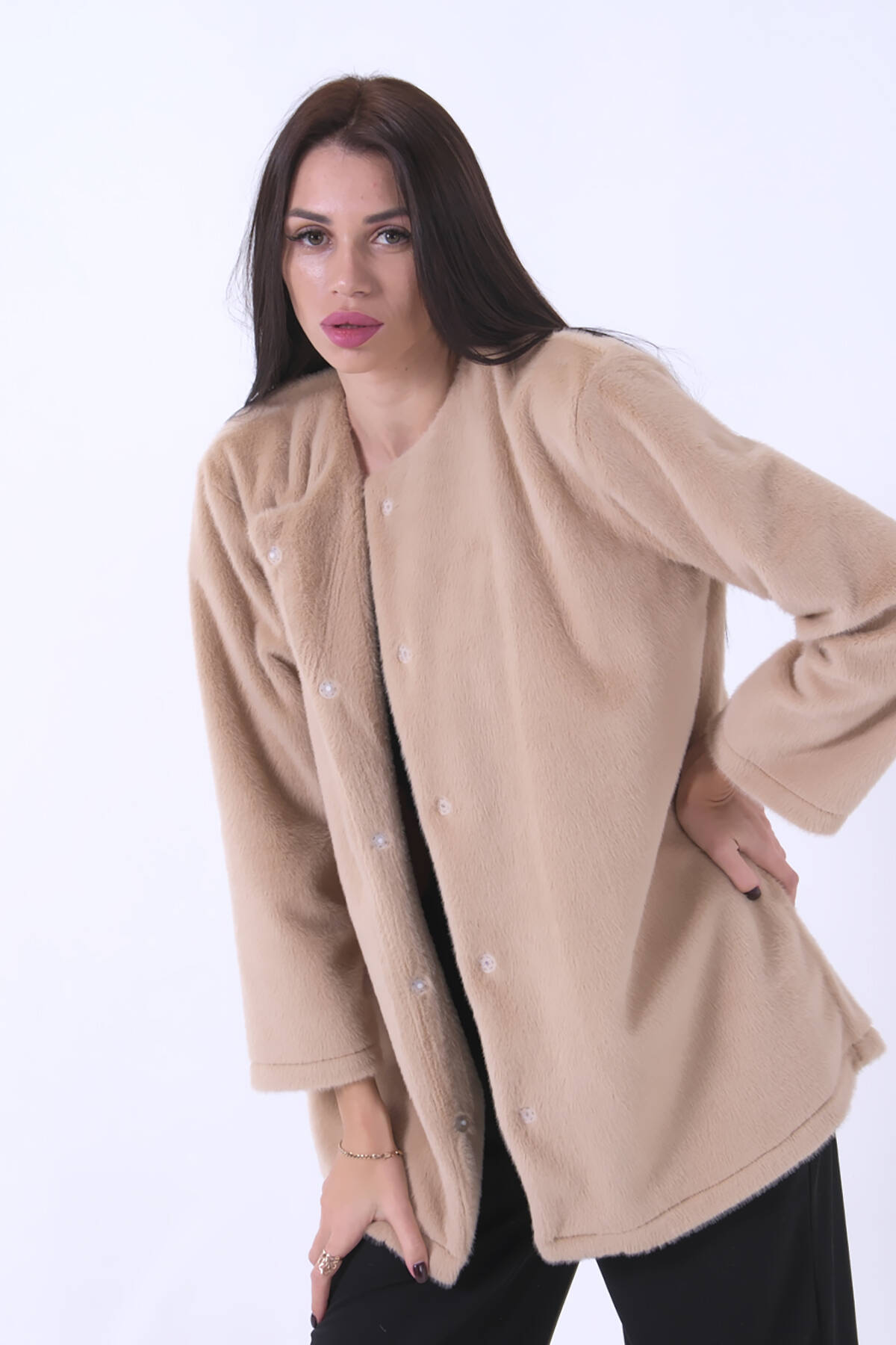 Bej Önü Kapamalı Seyyar Kemerli Peluş Ceket 0105140.55 - Ardanewline (1)
