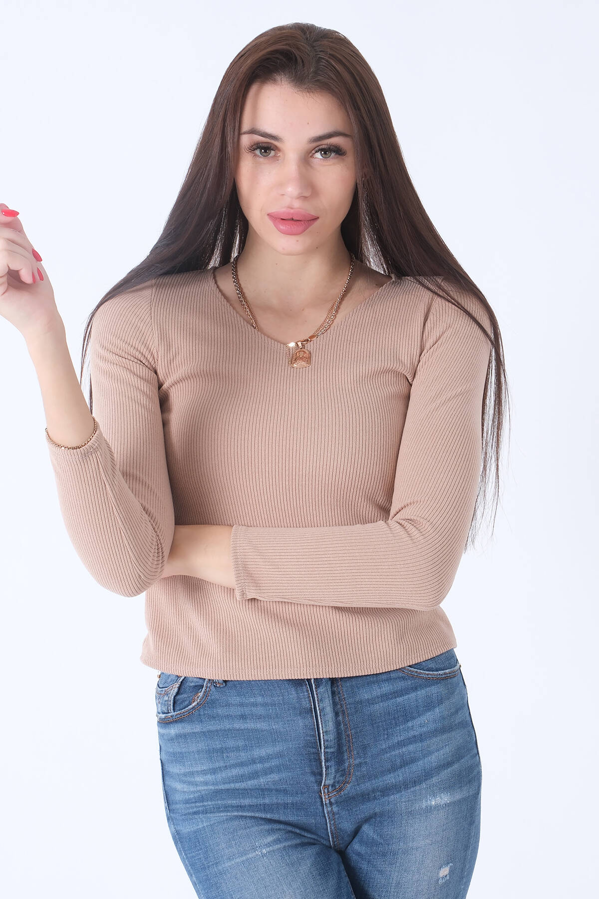 Bej Örme V Yaka Kazak 0103012.55 