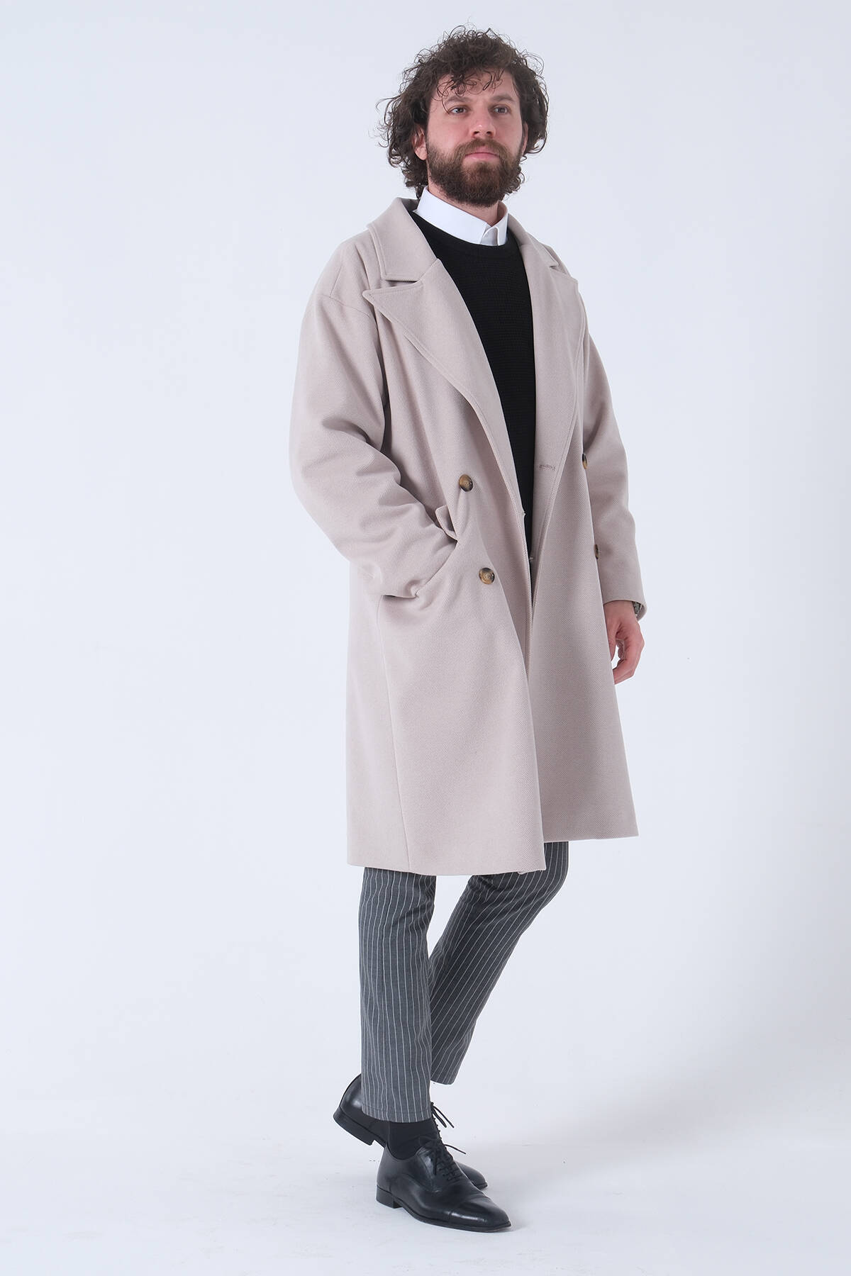 Bej Oversize Erkek Yaka Kaşe Kaban 01015002.55 - Ardanewline