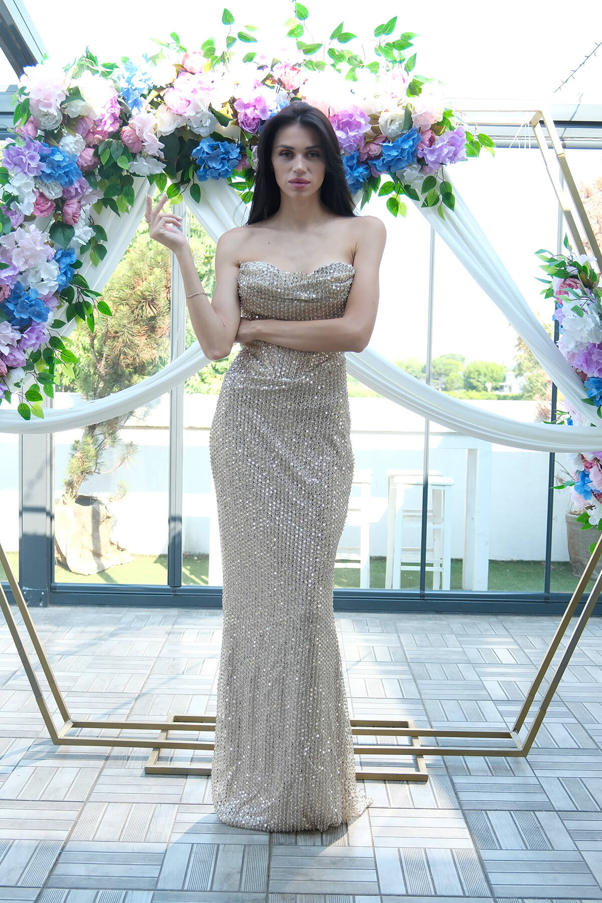 Bej Pul Taş İşlemeli Straplez Balık Abiye 9705304.55 Bej