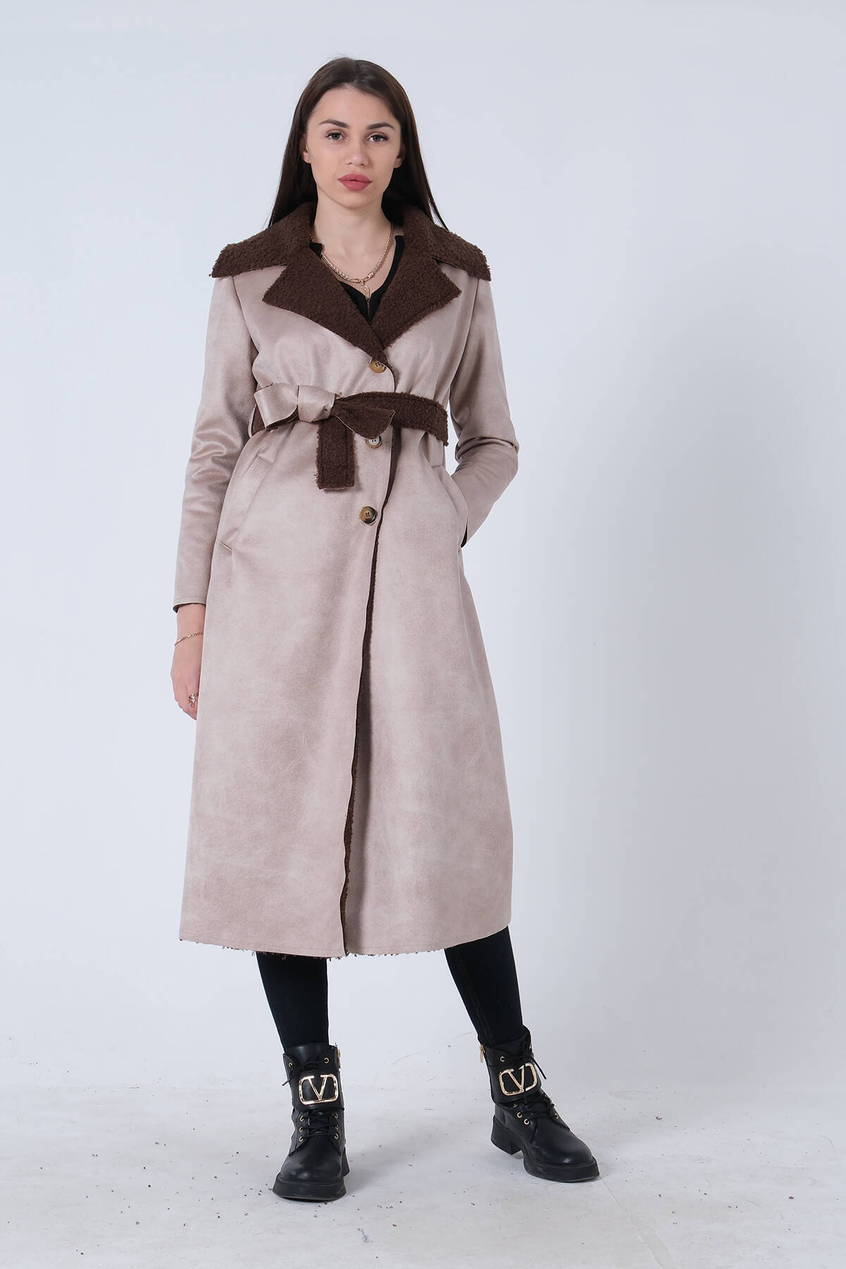 Bej Süet Düğmeli Seyyar Kemerli Kaban 0108087.55 