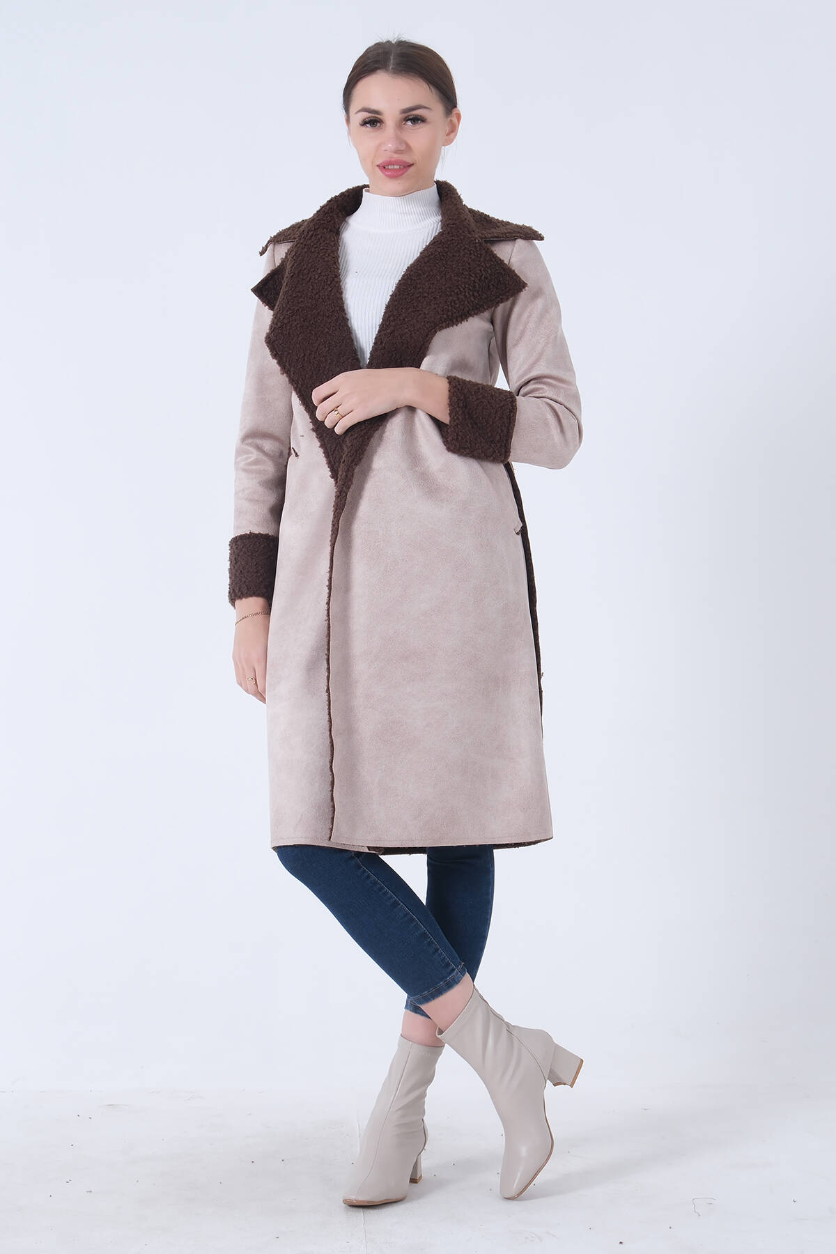 Bej Süet Kumaş Kemerli Kaban 0108085.55 