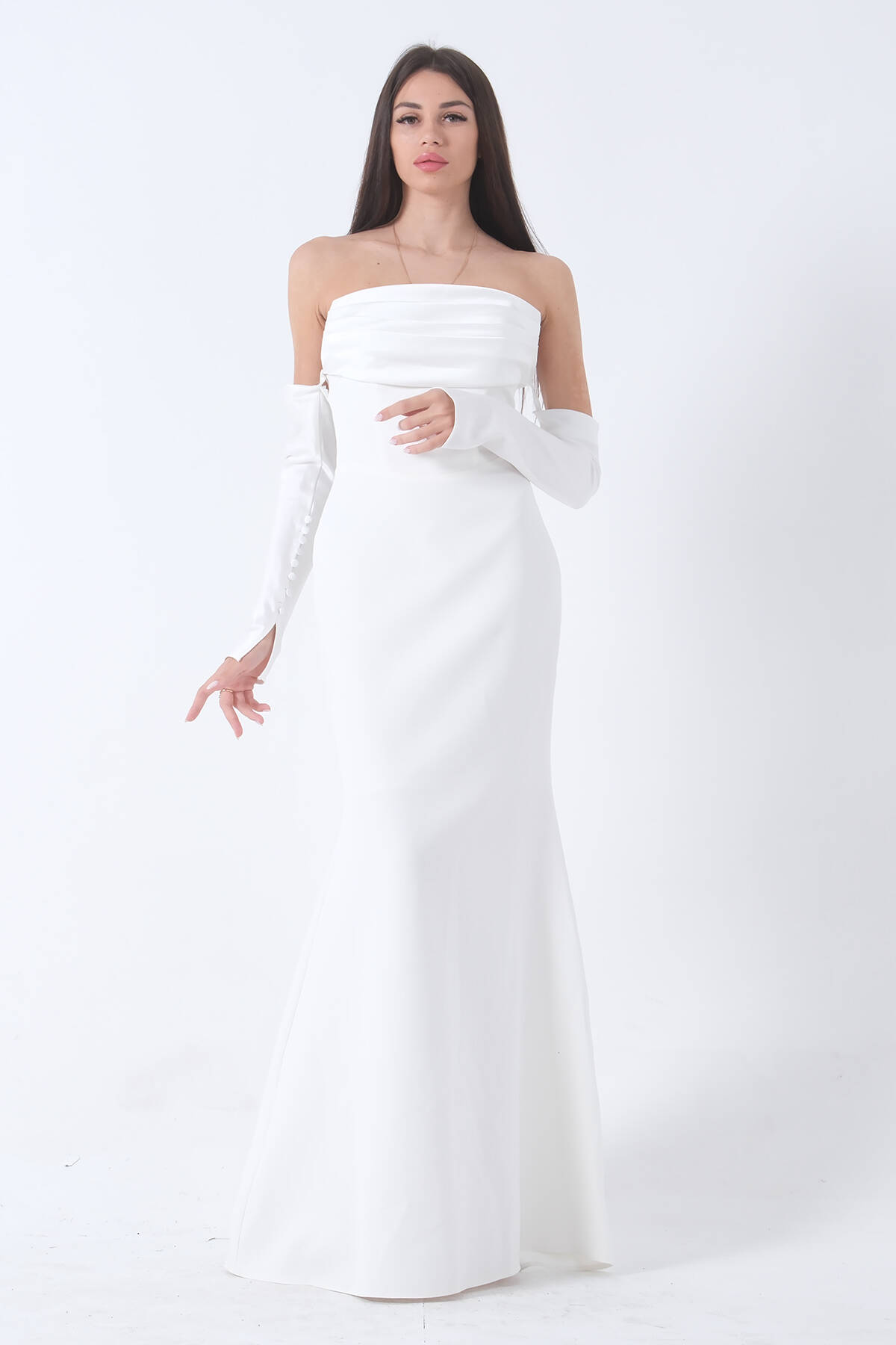 Beyaz Drapeli Düğme Detaylı Uzun Abiye 9705361.15 