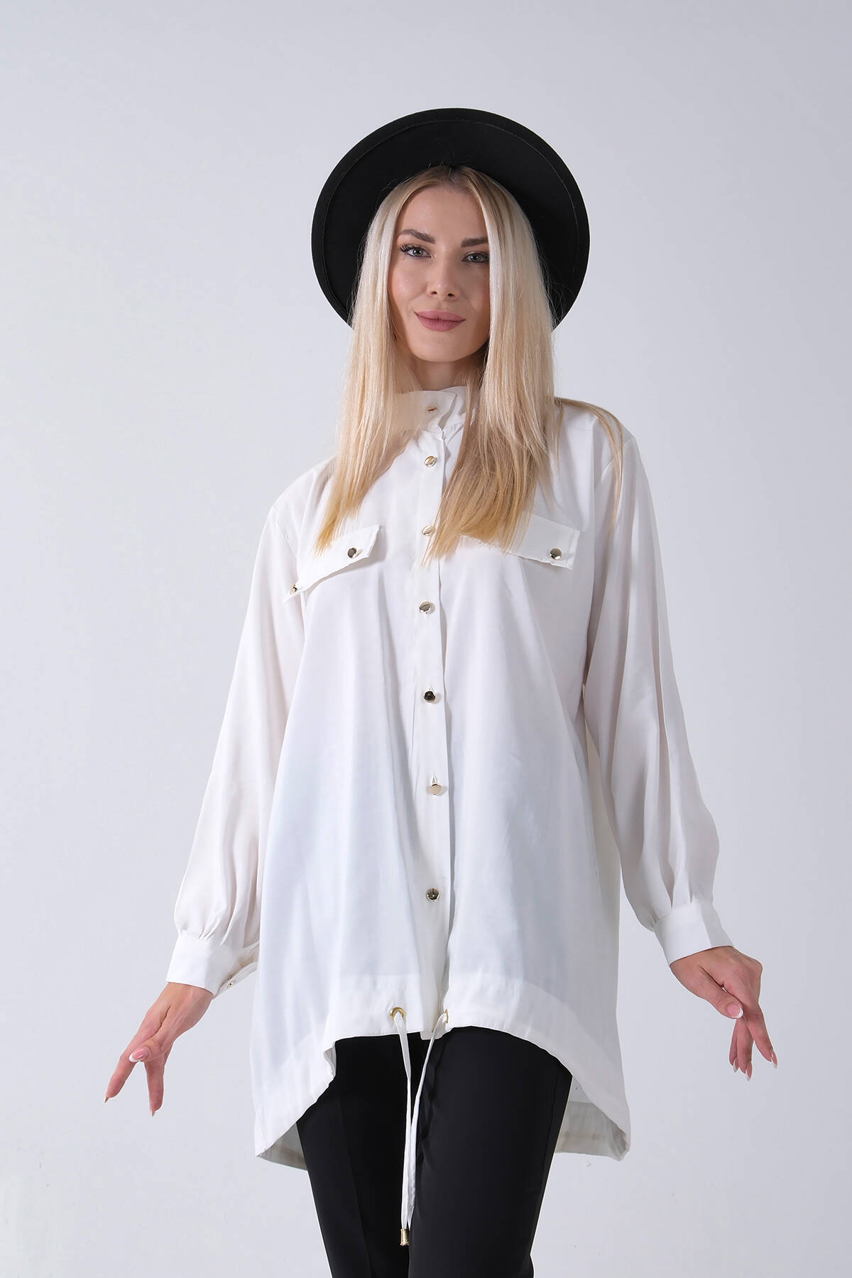 Beyaz Hakim Yaka Cep Kapak Detaylı Etek Ucu İpli Tunik 3972106.15 Beyaz