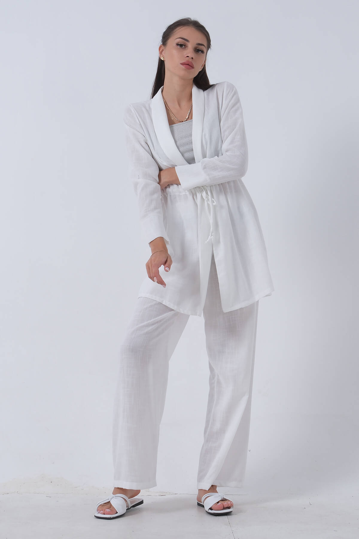 Beyaz Keten Pantolonlu Takım 0106319.15 