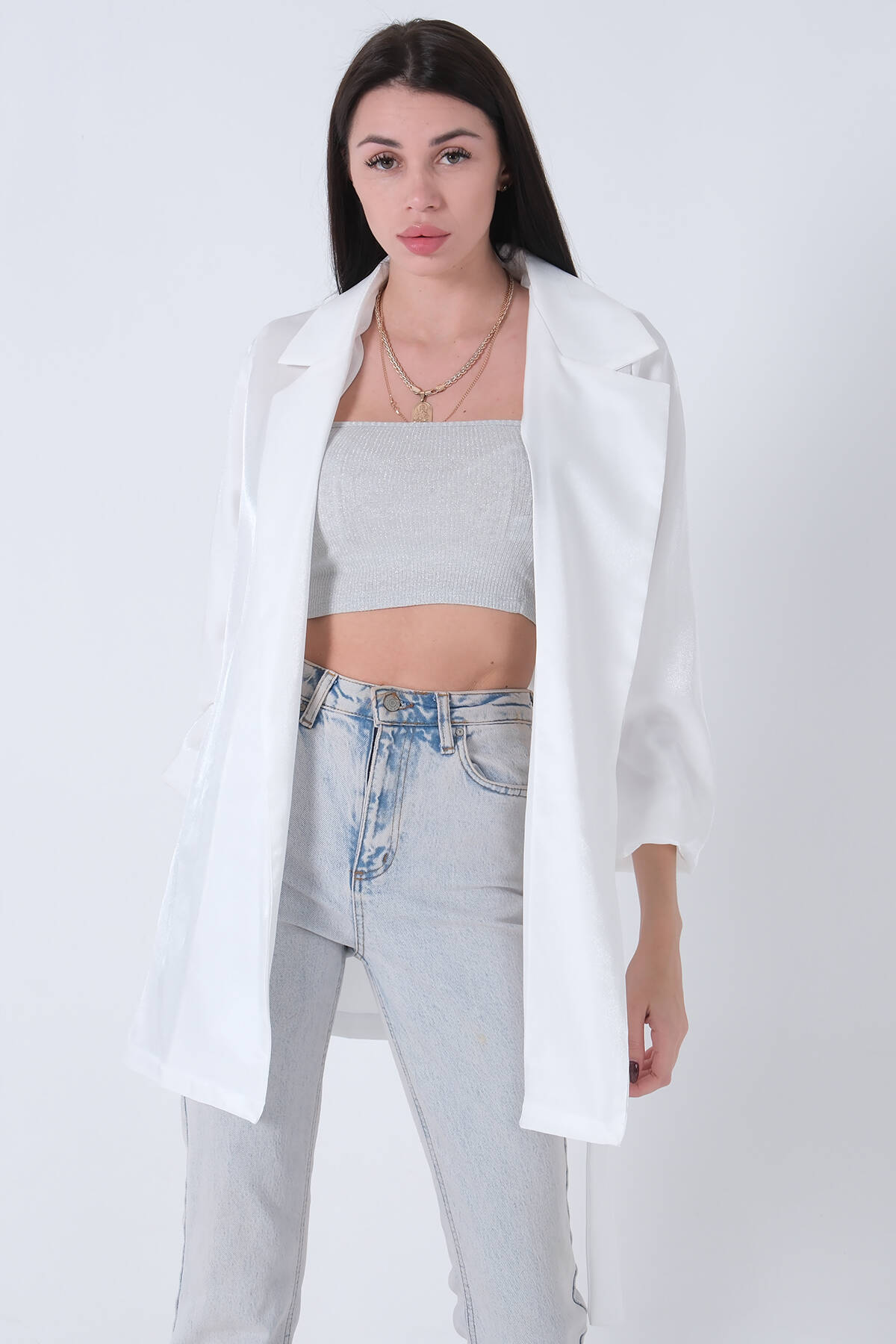Beyaz Kolları Volanlı Monoray Saten Ceket 31050689.15 