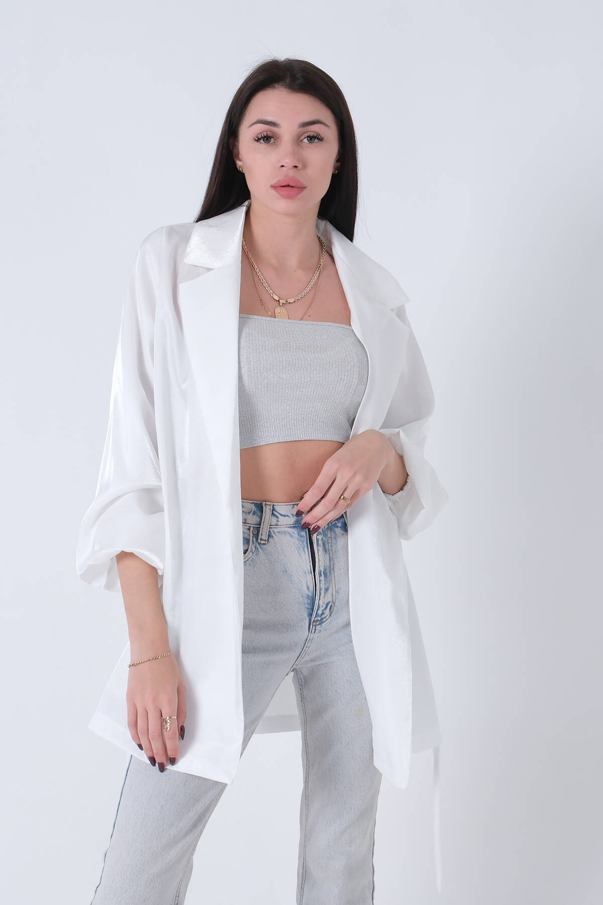 Beyaz Kolları Volanlı Monoray Saten Ceket 31050689.15 - Ardanewline (1)