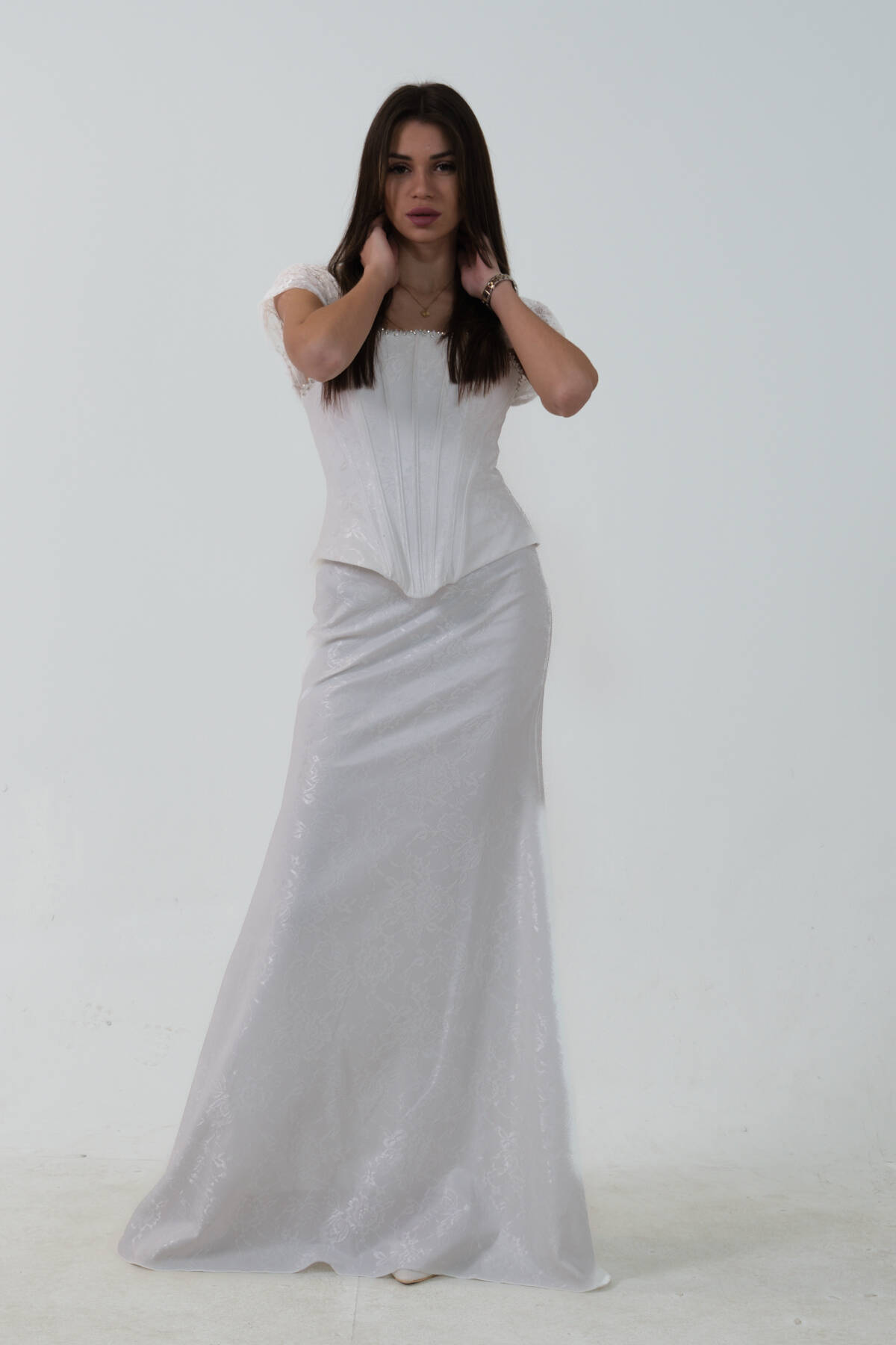 Beyaz Korse Detaylı Dantel Kapamalı Düşük Omuz Abiye 9705791.15 Beyaz