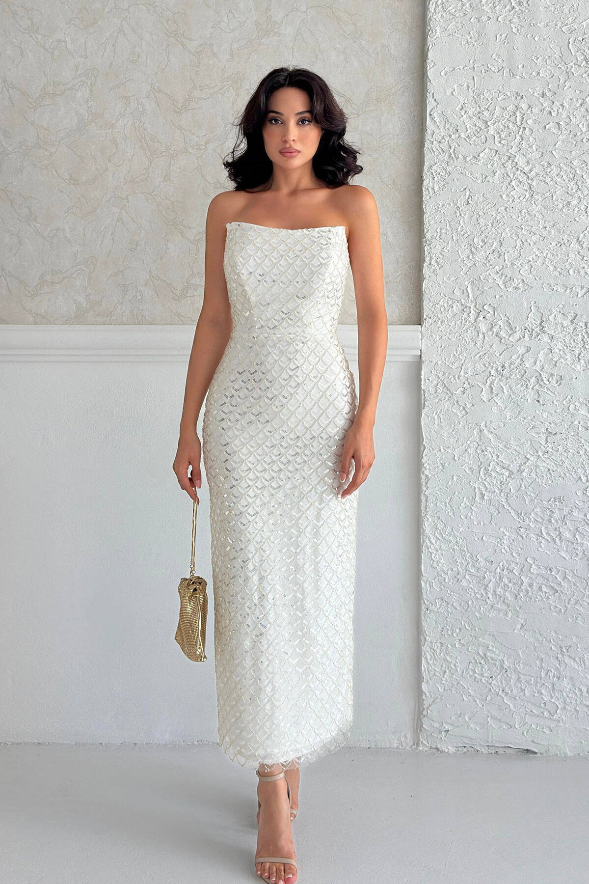 Beyaz Midi Boy Straplez Pul Payet Abiye 0801134.15 Beyaz