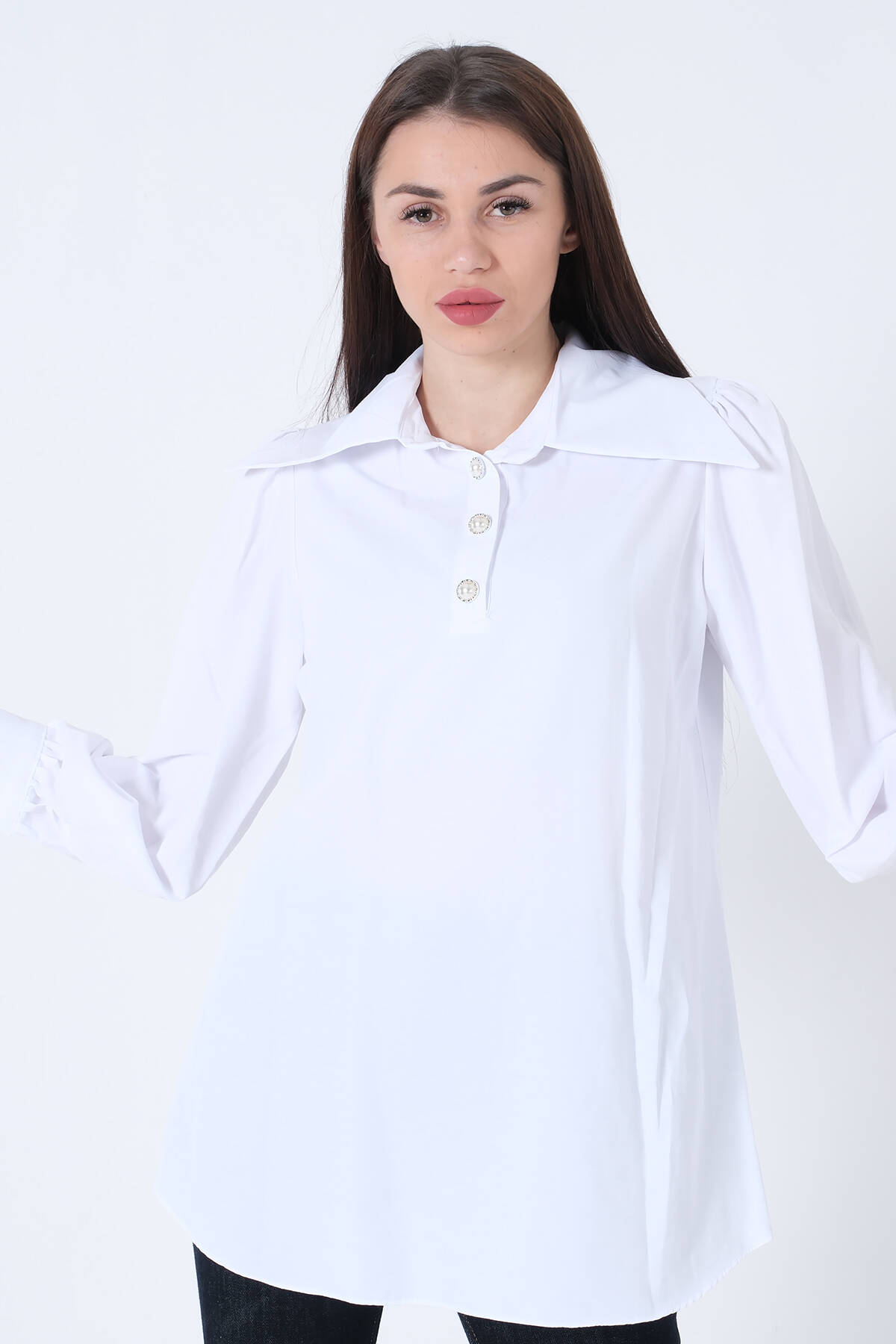 Beyaz Önü Yarım Patlı Terikoton Gömlek 31021996.15 