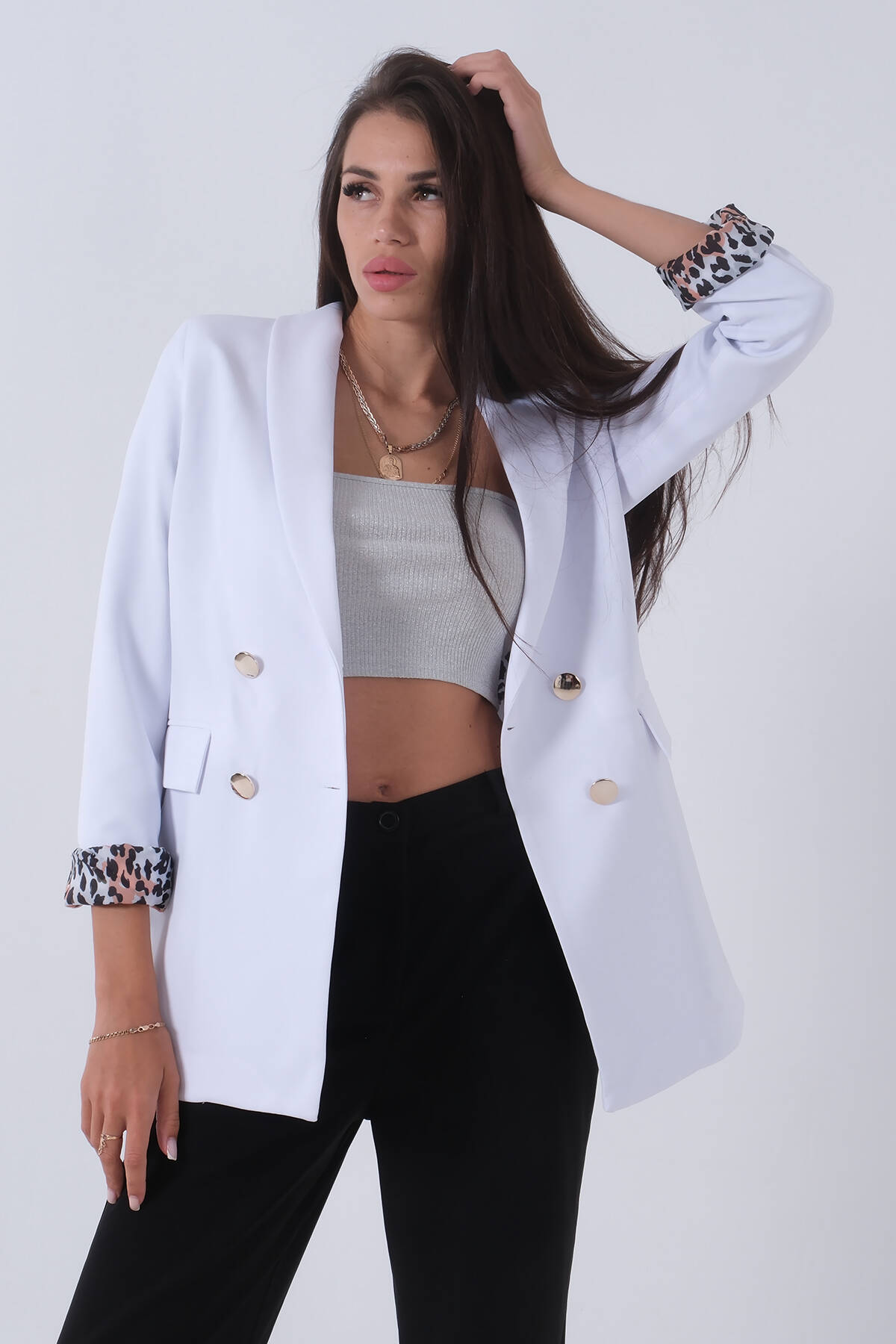 Beyaz Şal Yaka Leopar Astarlı Kruvaze Ceket 39711561.15 Beyaz