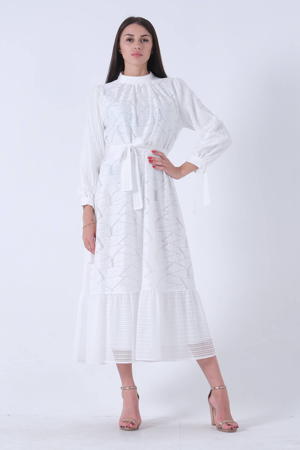 Beyaz Seyyar Kemerli Bilekten Bağlamalı Astarlı Tesettür Elbise 4571289.15 