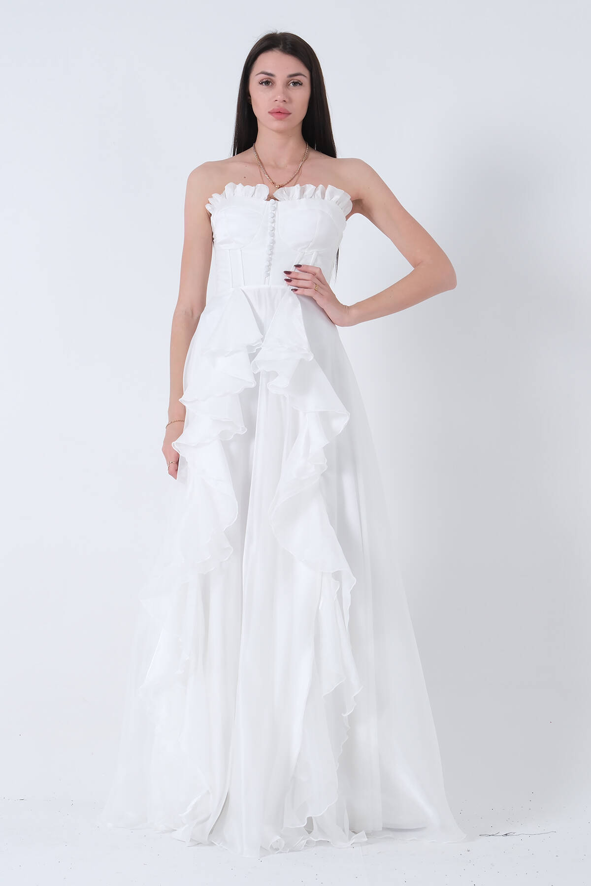 Beyaz Straplez Yaka Yırtmaçlı Eteği Fırfırlı Abiye 9705234.15 