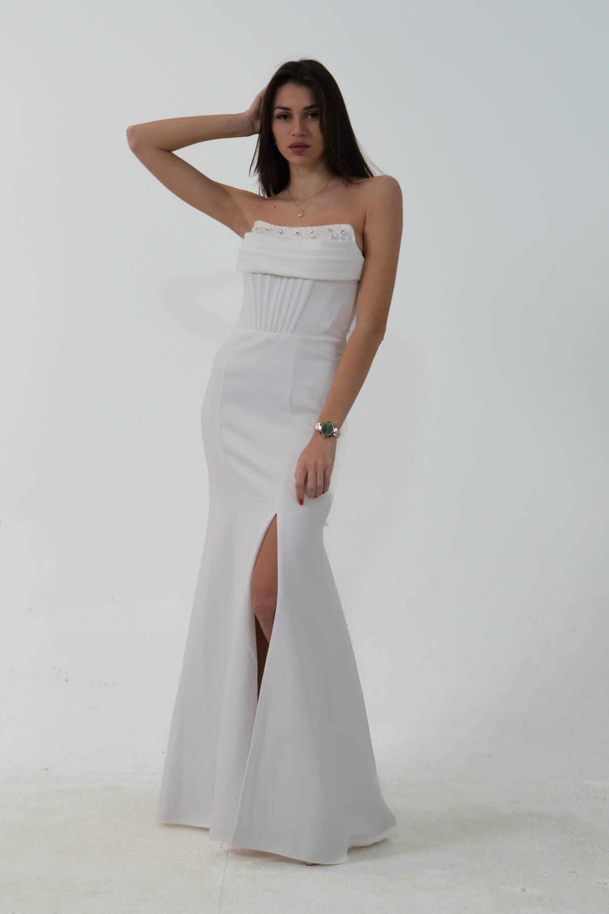 Beyaz Takma Kol Önü Drapeli Taş Detaylı Yırtmaçlı Abiye 0801146.15 Beyaz