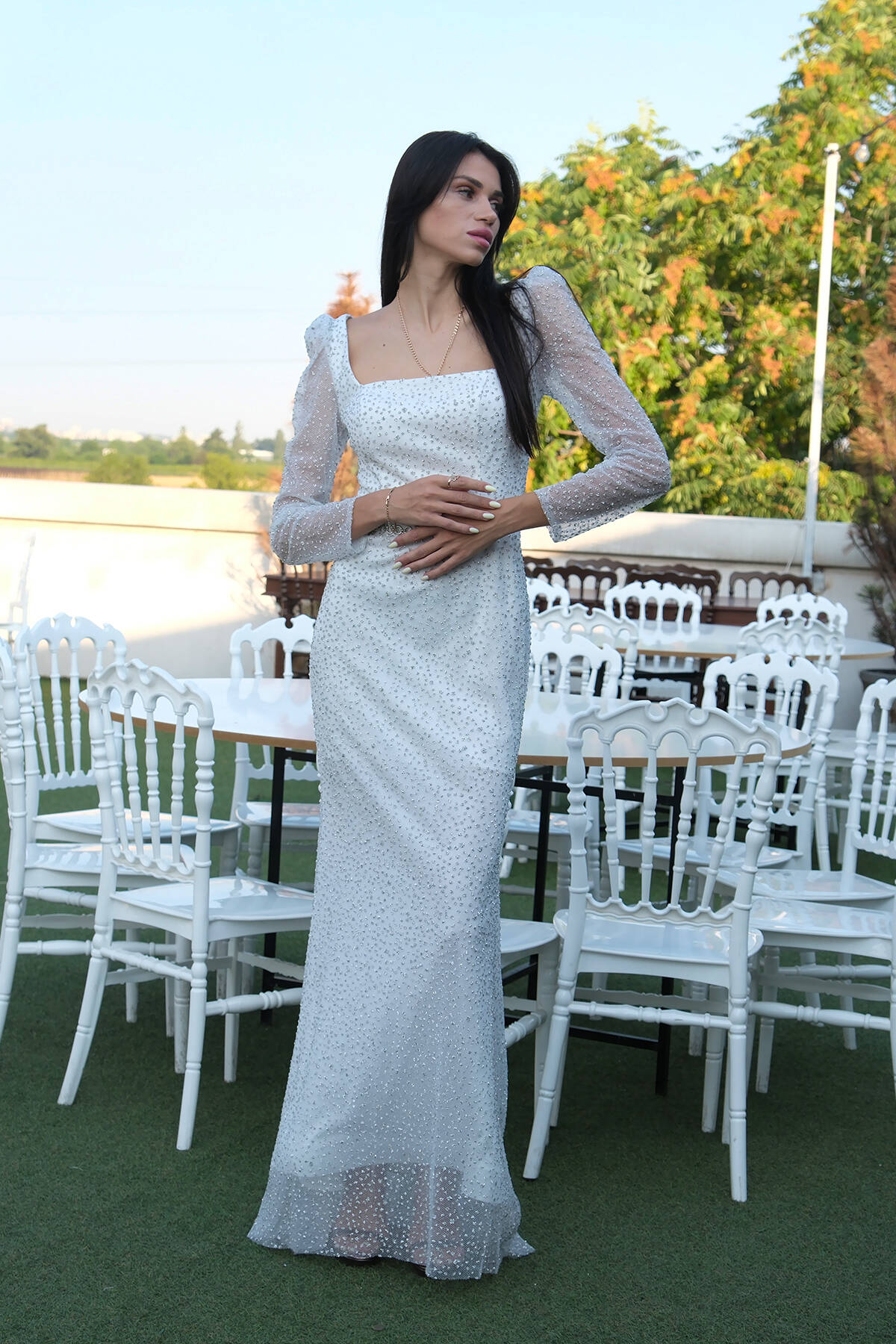 Beyaz Taş İşlemeli Balık Abiye Elbise 9705141.15 Beyaz