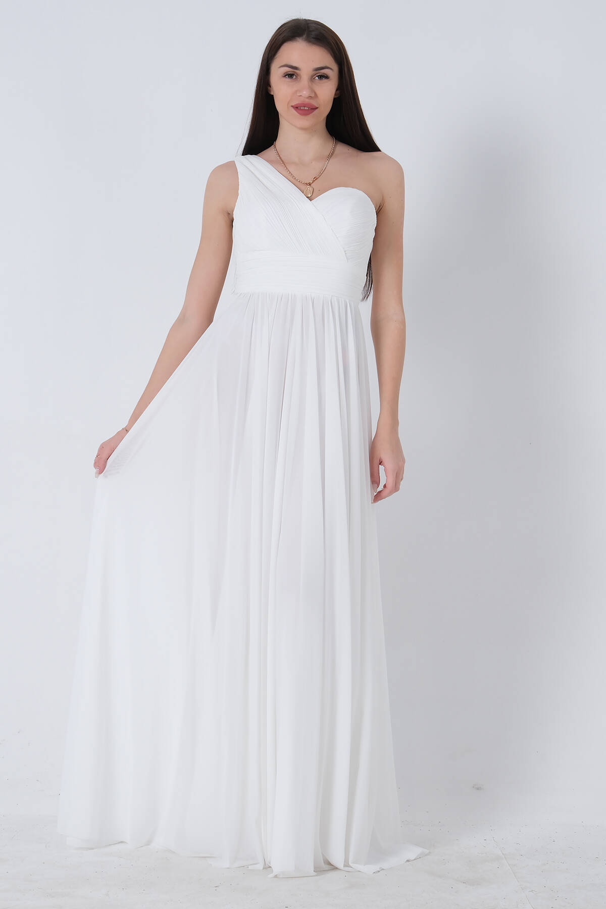 Beyaz Tek Omuz Yırtmaçlı Abiye 9705155.15 