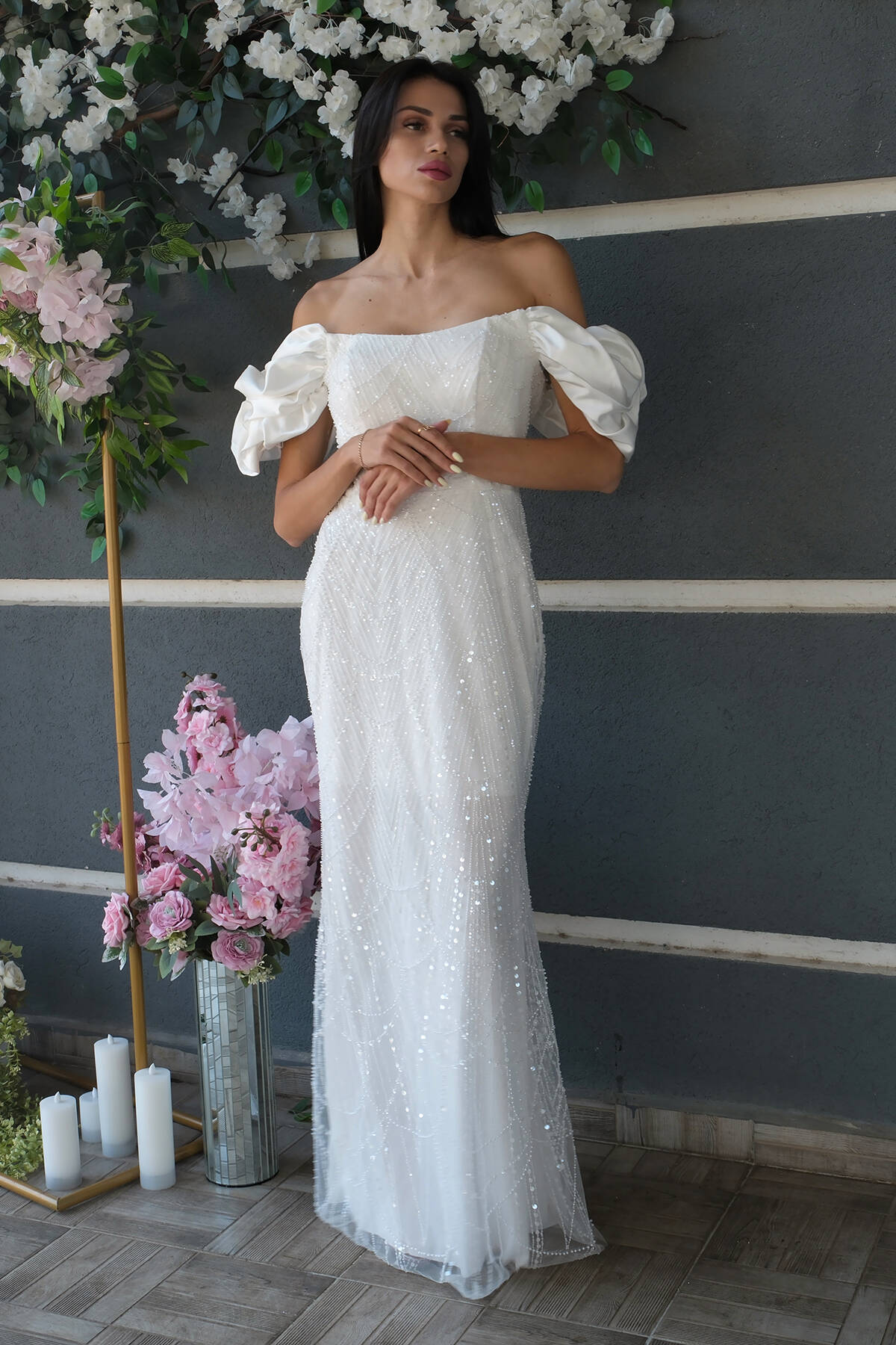 Beyaz Üzeri Taş Boncuk İşlemeli Balon Kol Abiye 9705417.15 Beyaz