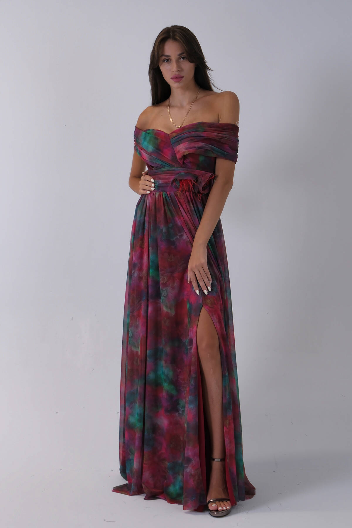 Bordo Beli Çiçek Detaylı Desenli Şifon Abiye 0801102.04 Bordo