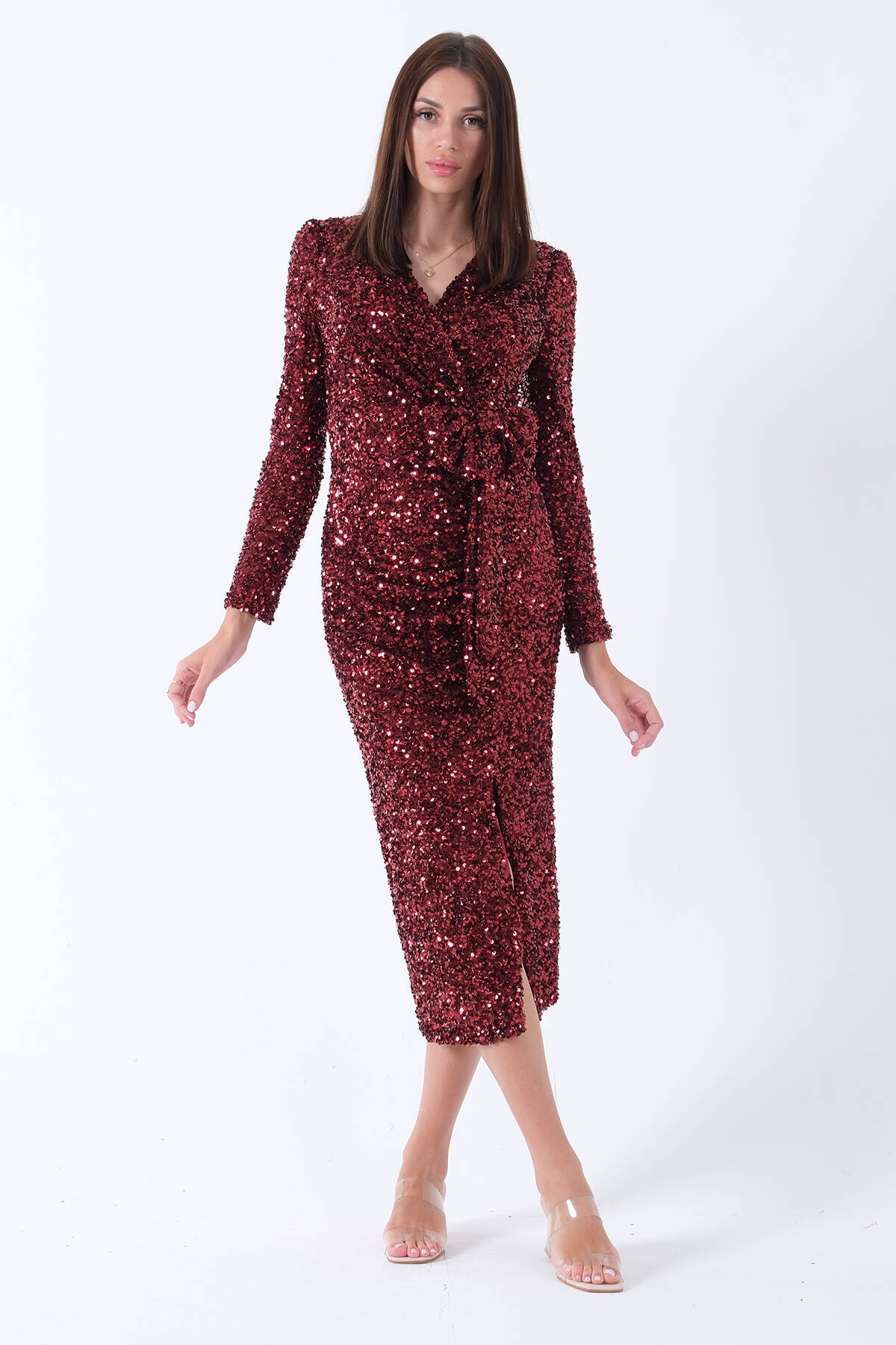 Bordo Beli Fiyonk Detaylı Pul Payetli Midi Boy Abiye 9705833.04 