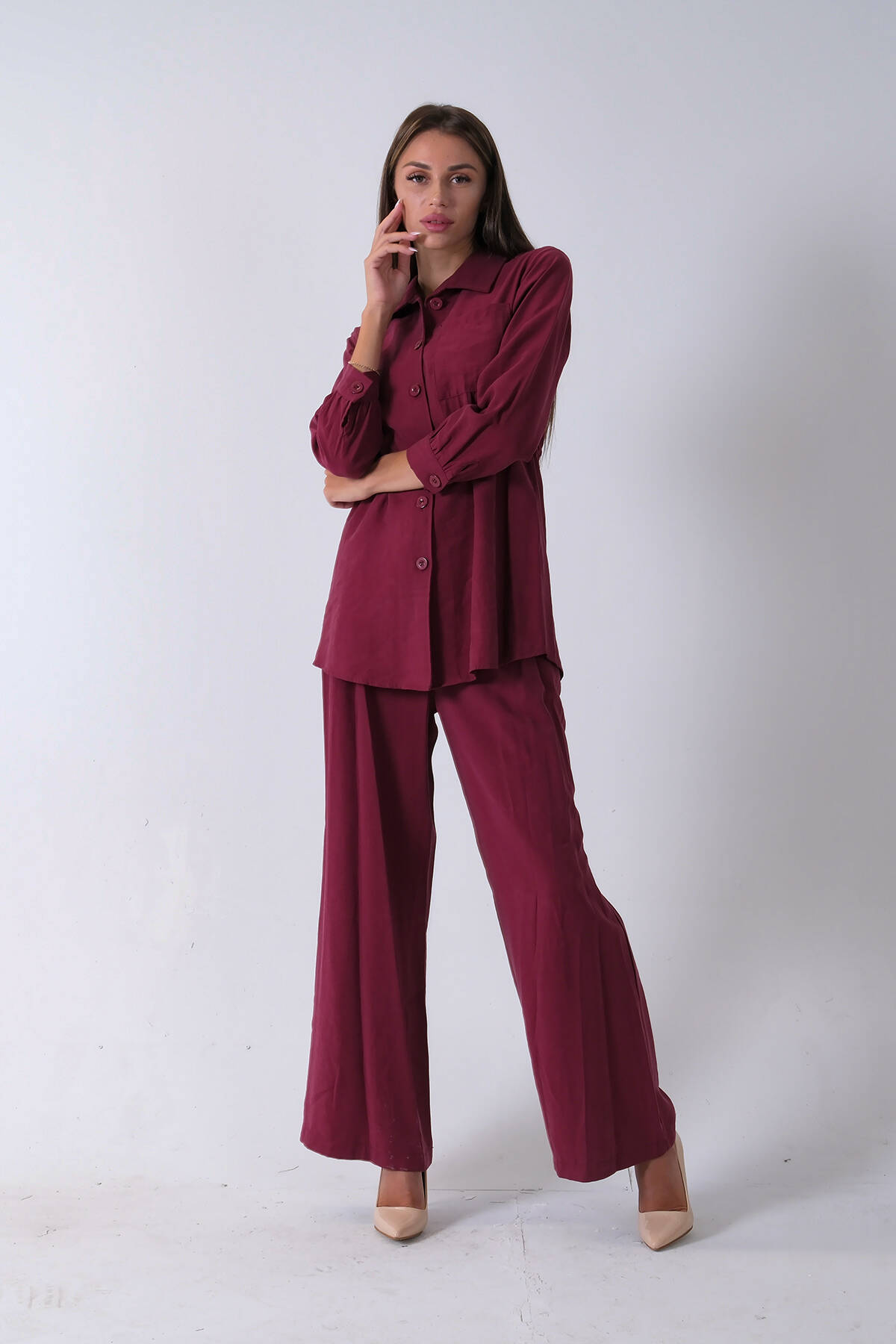 Bordo Beli Kemerli Gömlek Yaka Tunik Pantolonlu Takım 4592258.04 Bordo