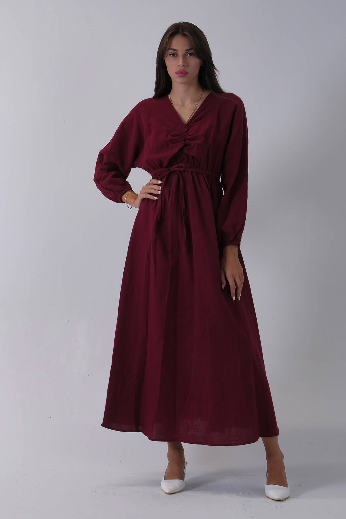 Bordo Beli Lastik Büzgülü V Yaka Bağlamalı Elbise 4593437.04 - Ardanewline
